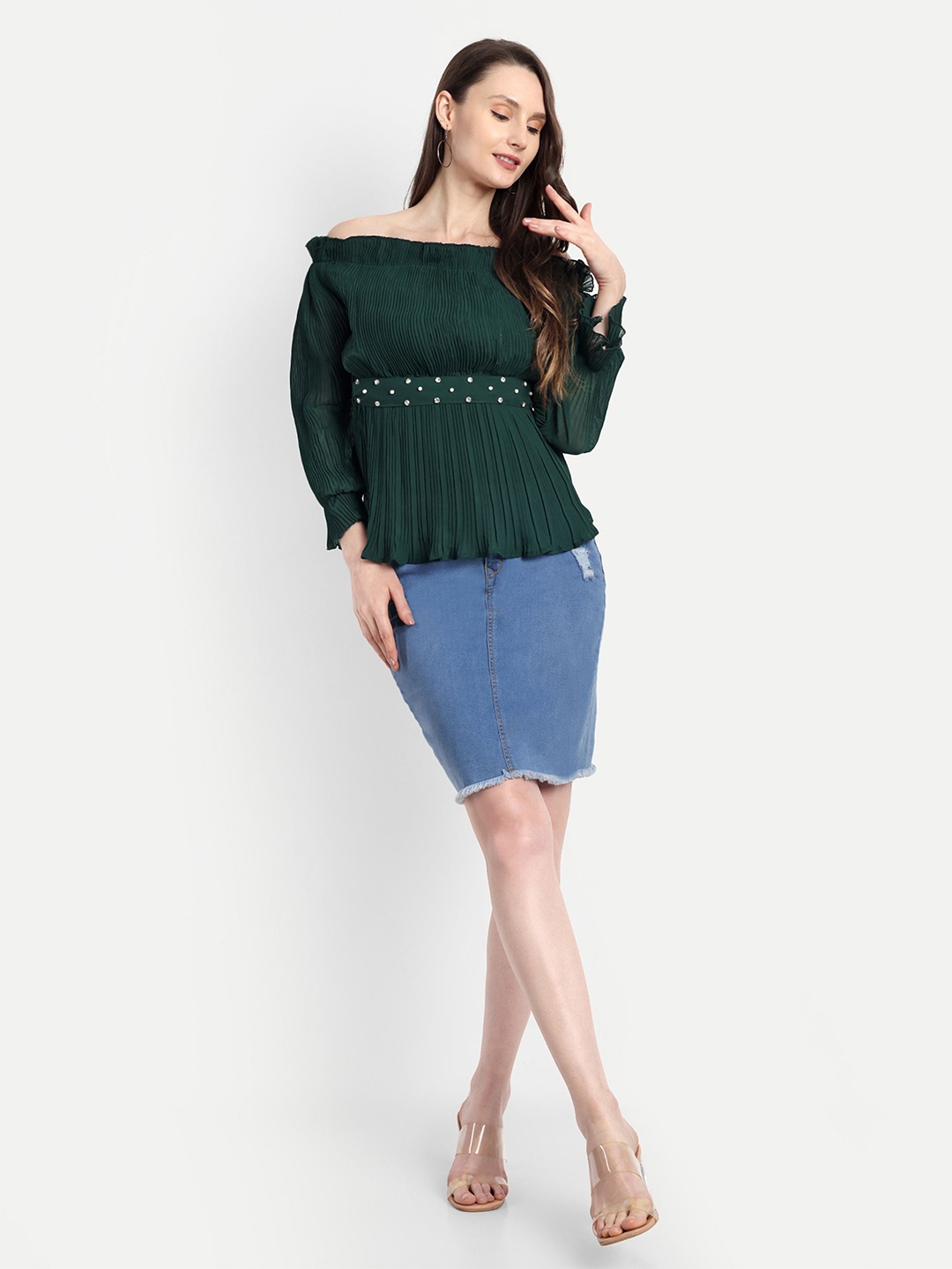 

HAUTEMODA Women Off-Shoulder Georgette Top Embellished Belt, Green