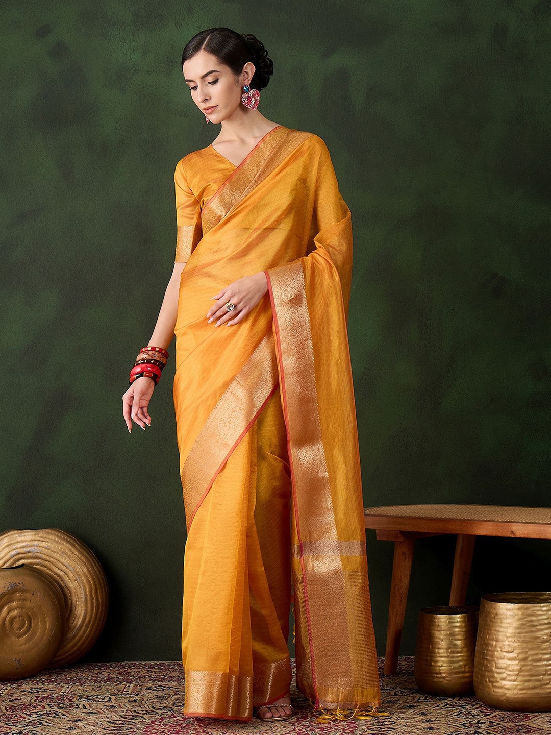 

Maroosh Striped Zari Organza Saree, Yellow