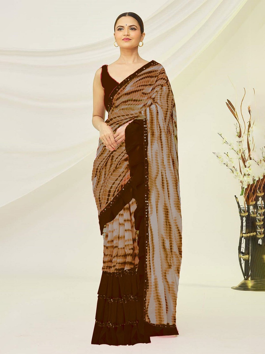 

Moda Rapido Sequinned Pure Georgette Leheriya Saree, Brown