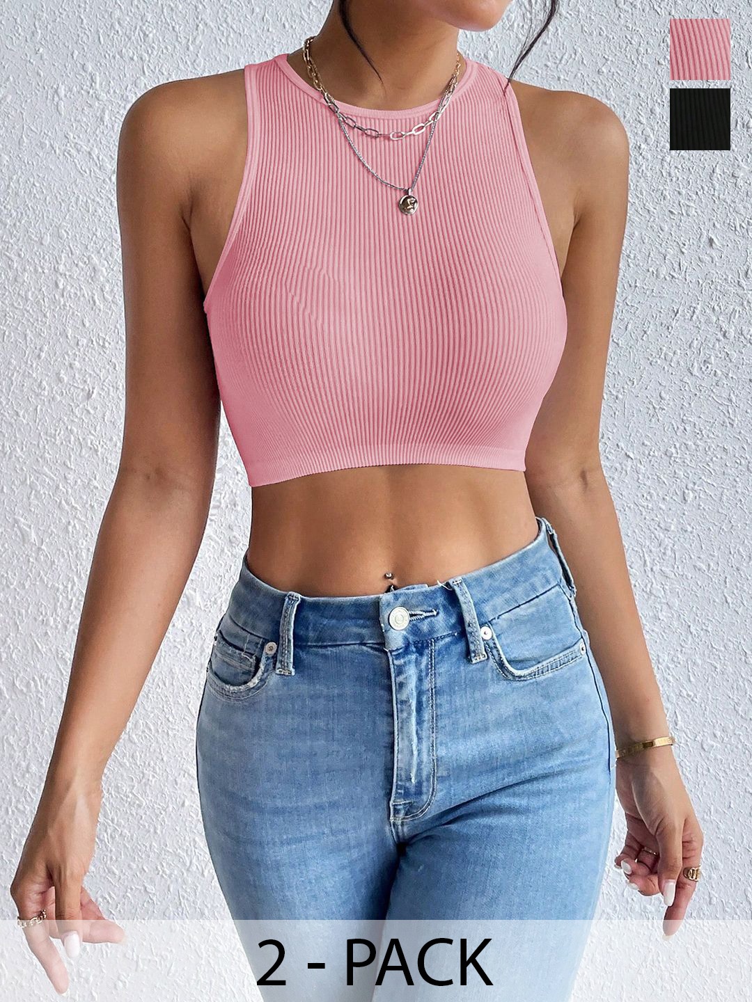

KERI PERRY Women Pack Of 2 Sleeveless Fitted Crop Top, Pink