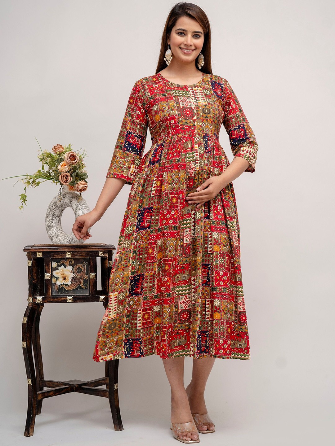 

Mialo fashion Printed Maternity Feeding Fit & Flared Ethnic Dresses, Maroon