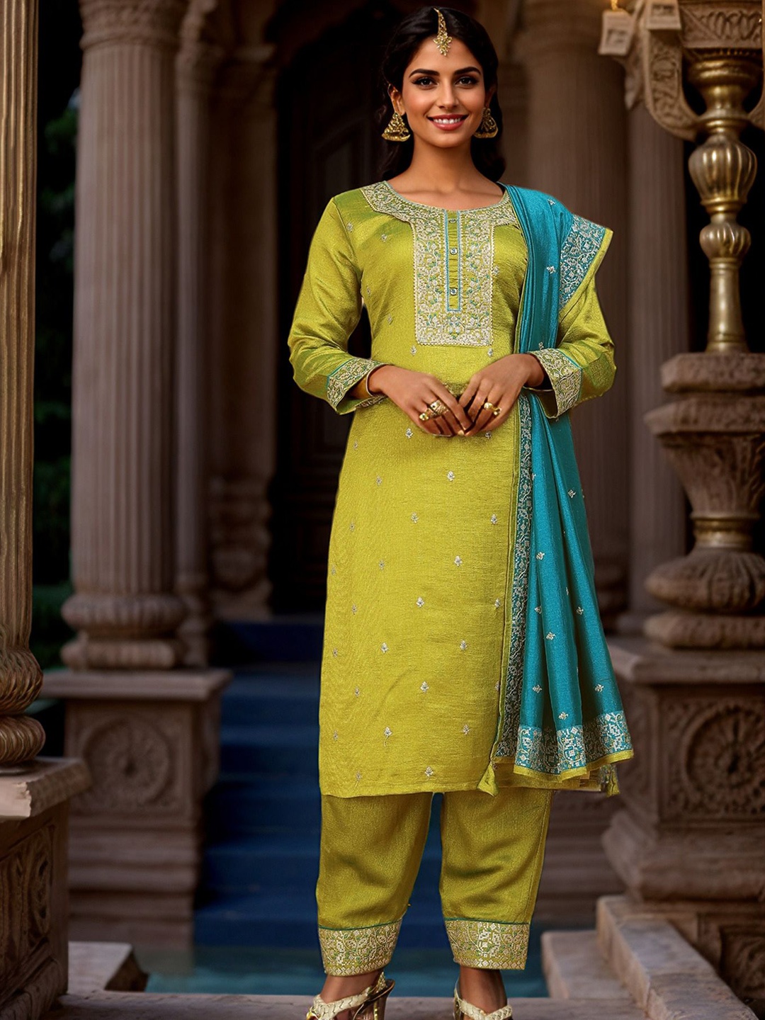 

LeeliPeeri Designer Embroidered Straight Kurta With Trousers And Dupatta, Green