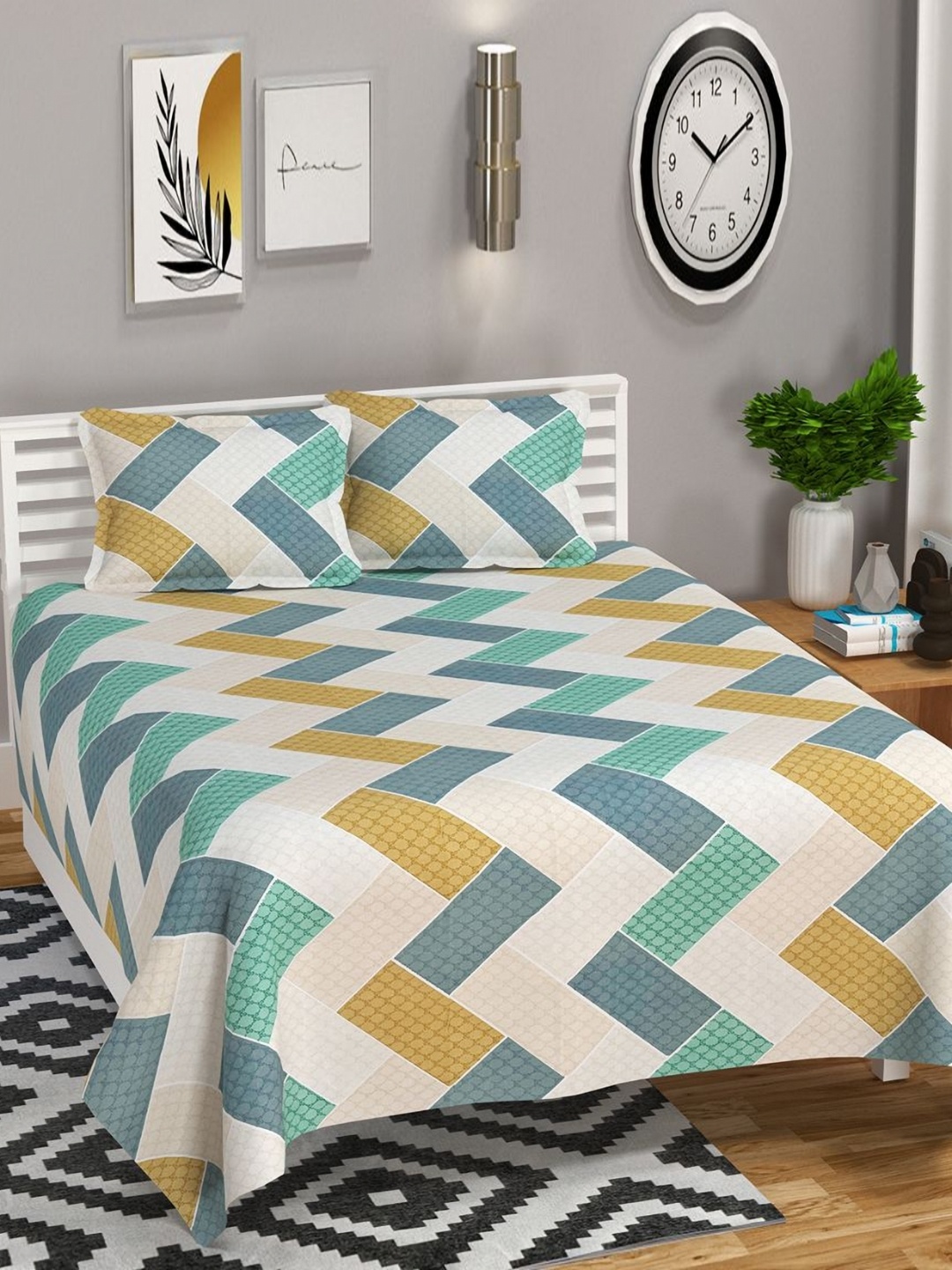 

bsb home Tan & Beige Printed Cotton 210 TC King Bedsheet Set 2.74 m x 2.74 m
