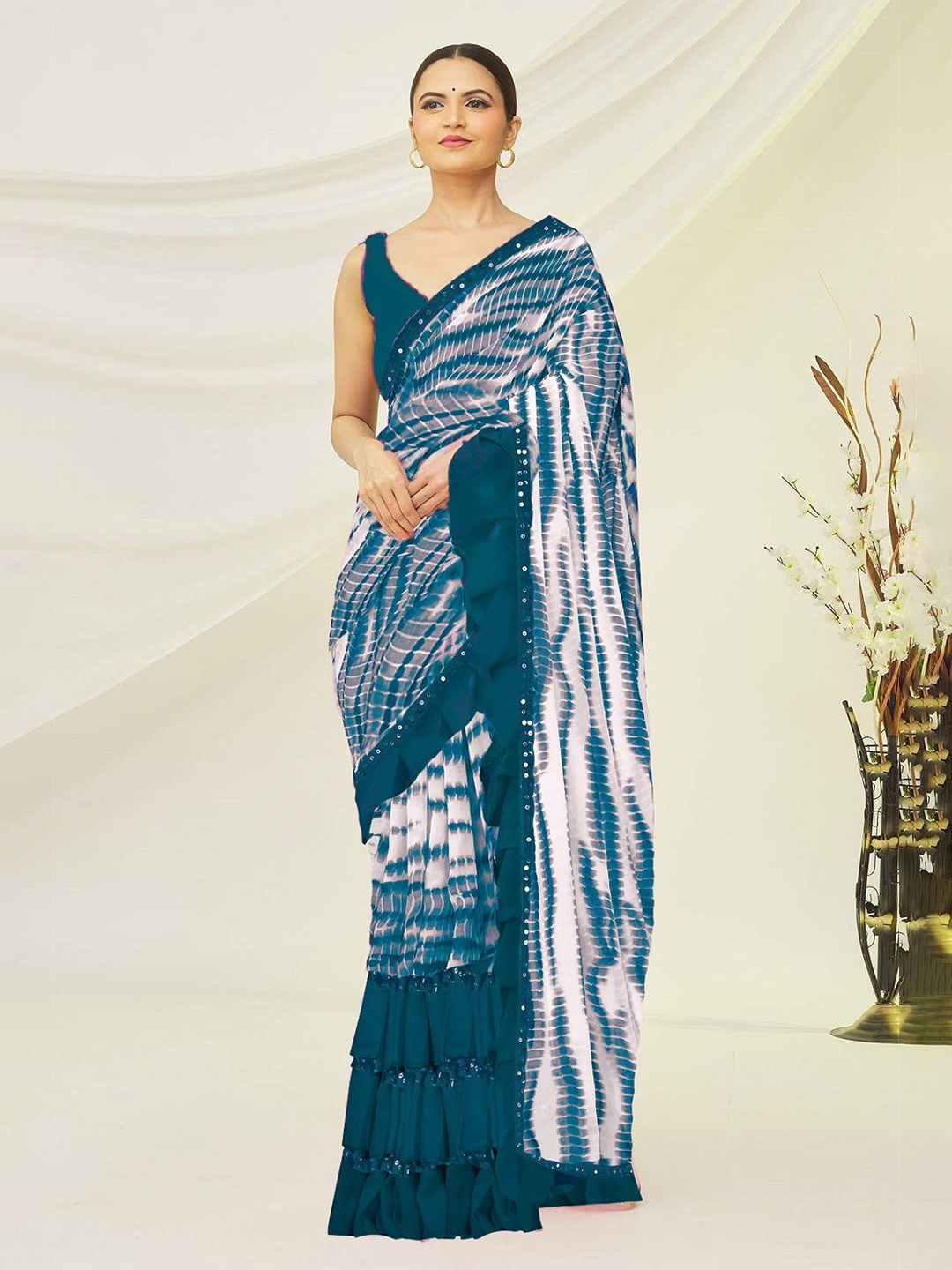 

Moda Rapido Tie And Dye Sequinned Pure Georgette Leheriya Saree, Blue