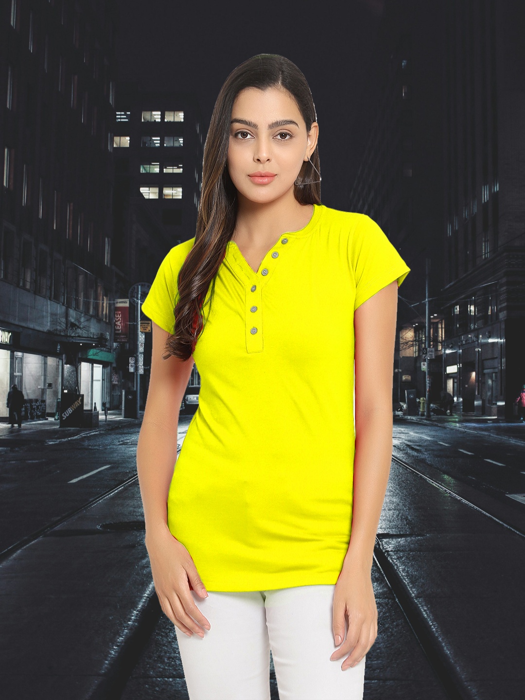 

Boldwink Women Solid V-Neck Cotton Slim Fit T-shirt, Mustard