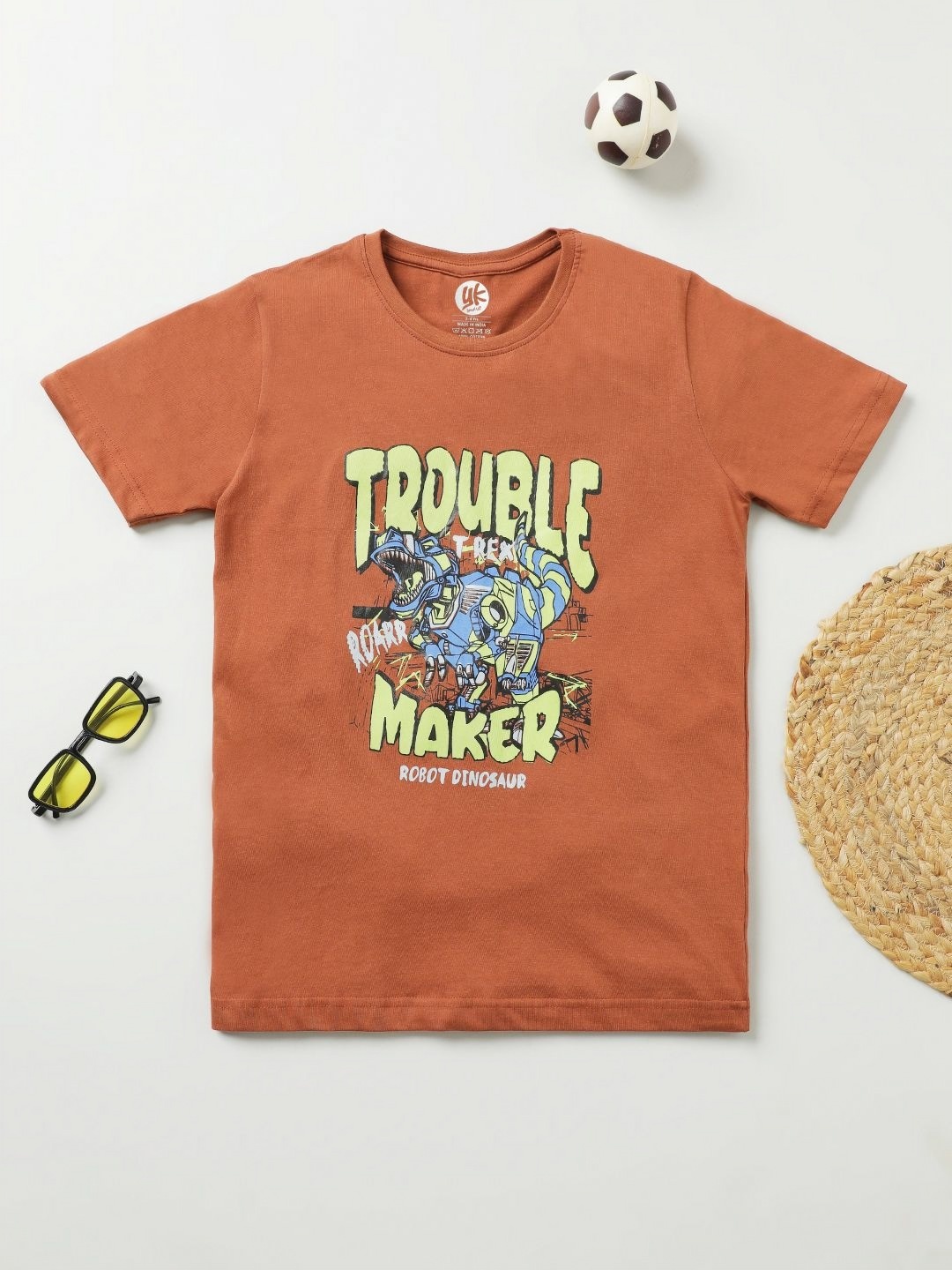 

YK Boys Graphic Printed Round Neck Cotton T-shirt, Rust