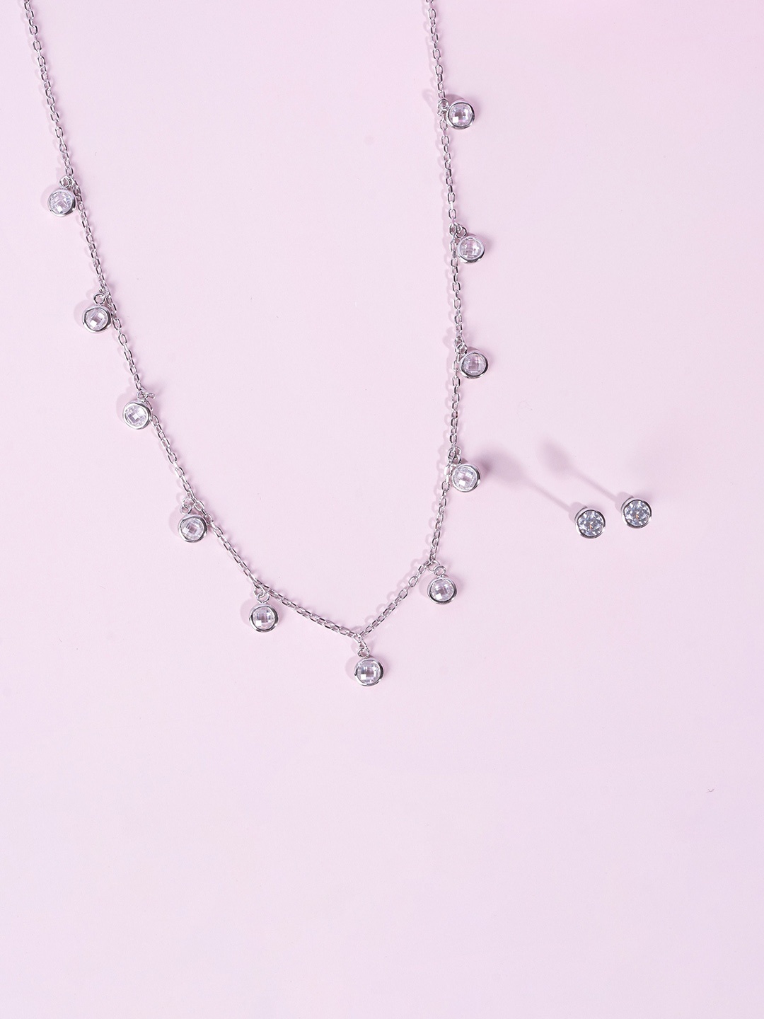 

GLYTERS 925 Sterling Silver Rhodium-Plated Artificial Stone Studded Dewdrop Jewellery Set