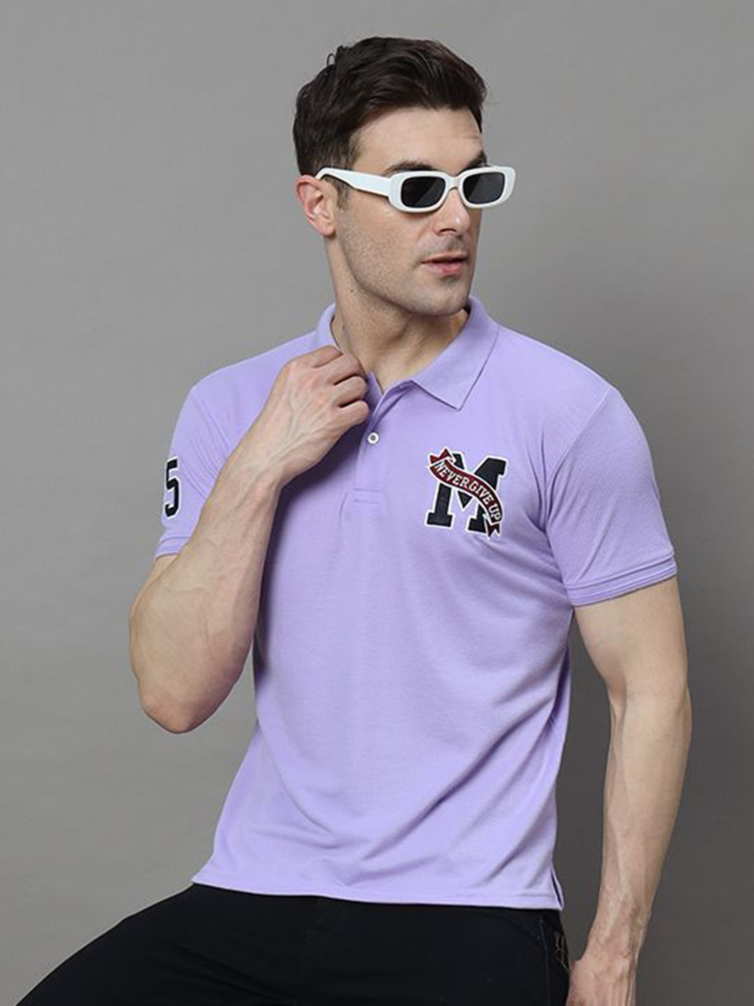 

R.ARHAN PREMIUM Men Typography Printed Polo Collar Cotton T-shirt, Lavender