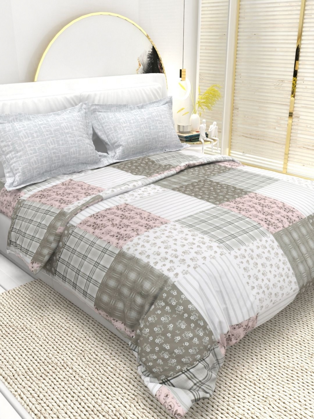 

THE WHITE MOSS Grey & Pink Floral 220 TC Queen Bedsheet with 2 Pillow Covers