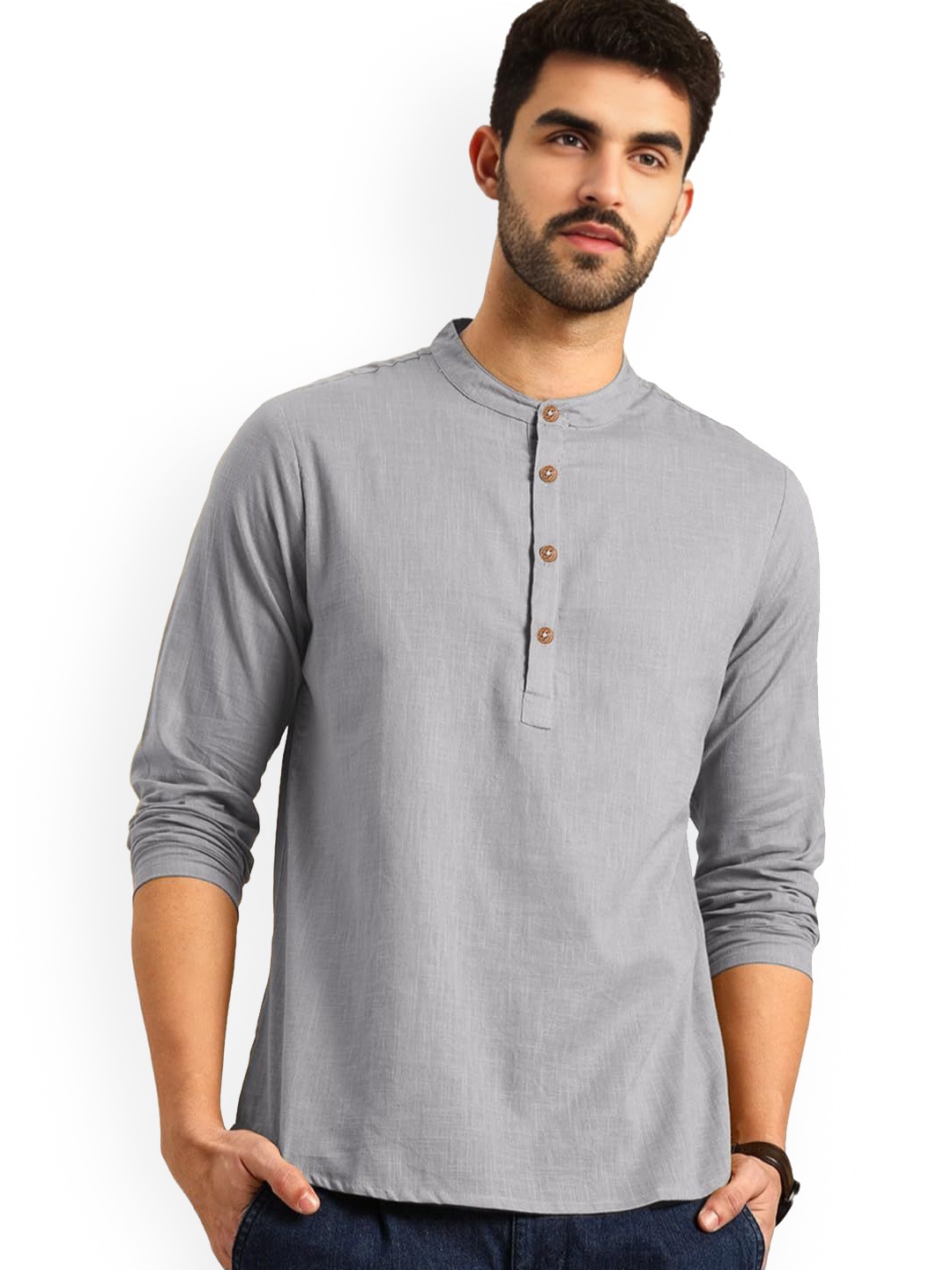 

Vida Loca Band Collar Rolled-Up Sleeves Slim Fit Pure Cotton Short Kurta, Grey
