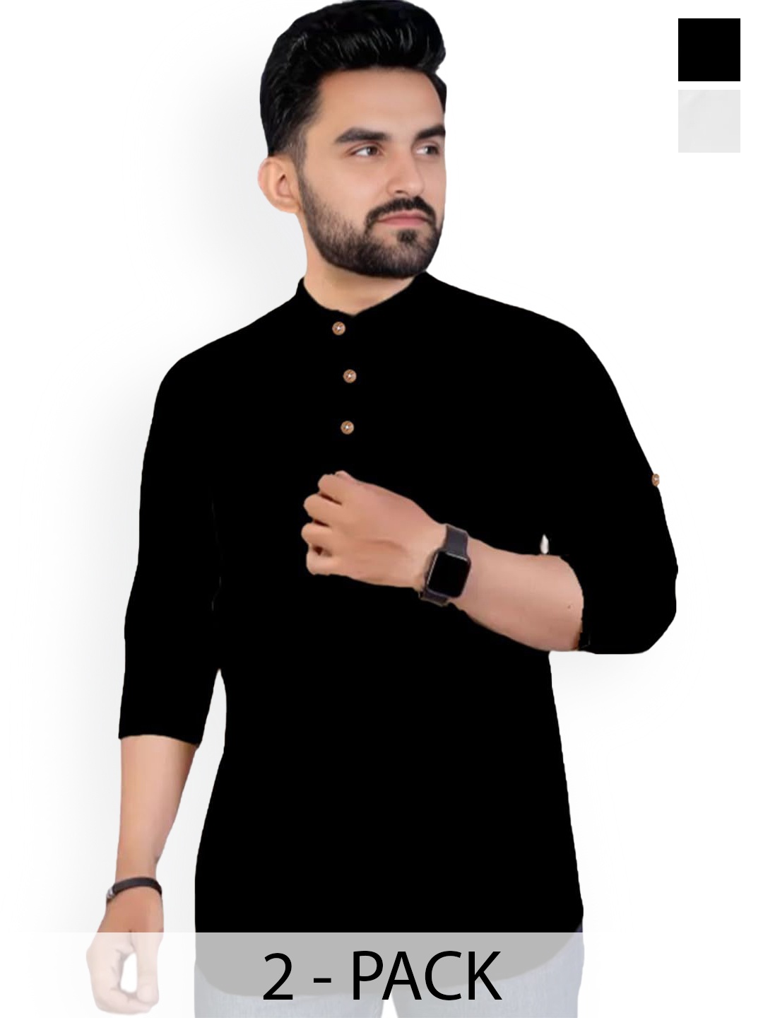 

Vida Loca Selection Of 2 Band Collar Roll-Up Sleeves Cotton Kurtas, White