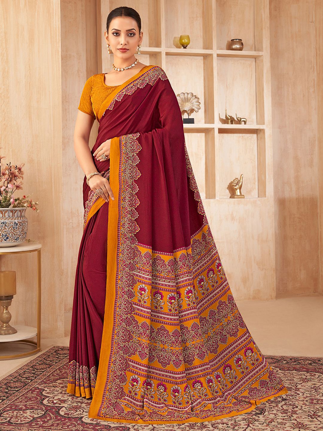 

Mitera Floral Silk Blend Jamdani Saree, Maroon