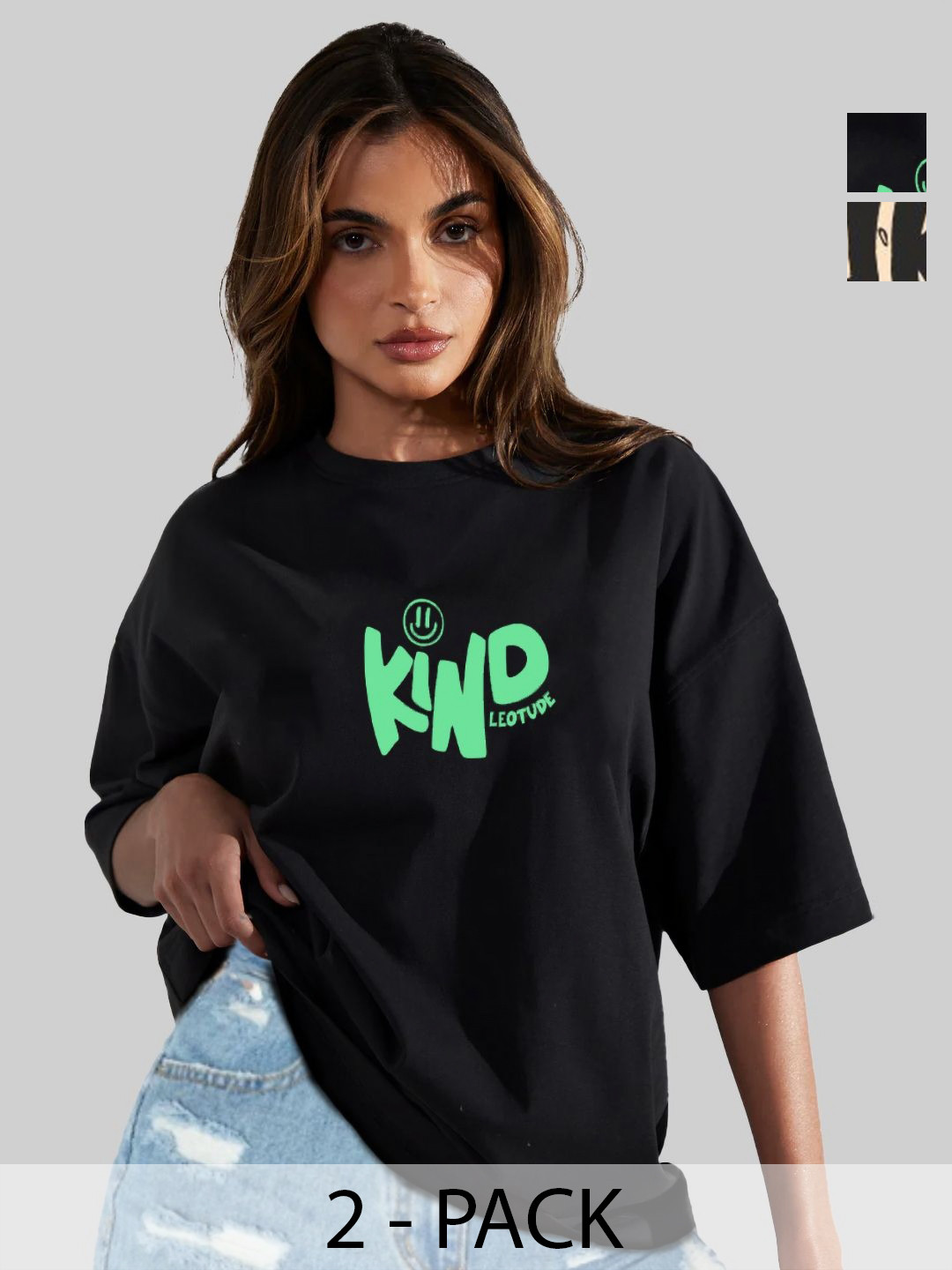 

Leotude Women Pack Of 2 Typography Printed Round Neck Cotton Oversized T-shirts, Black