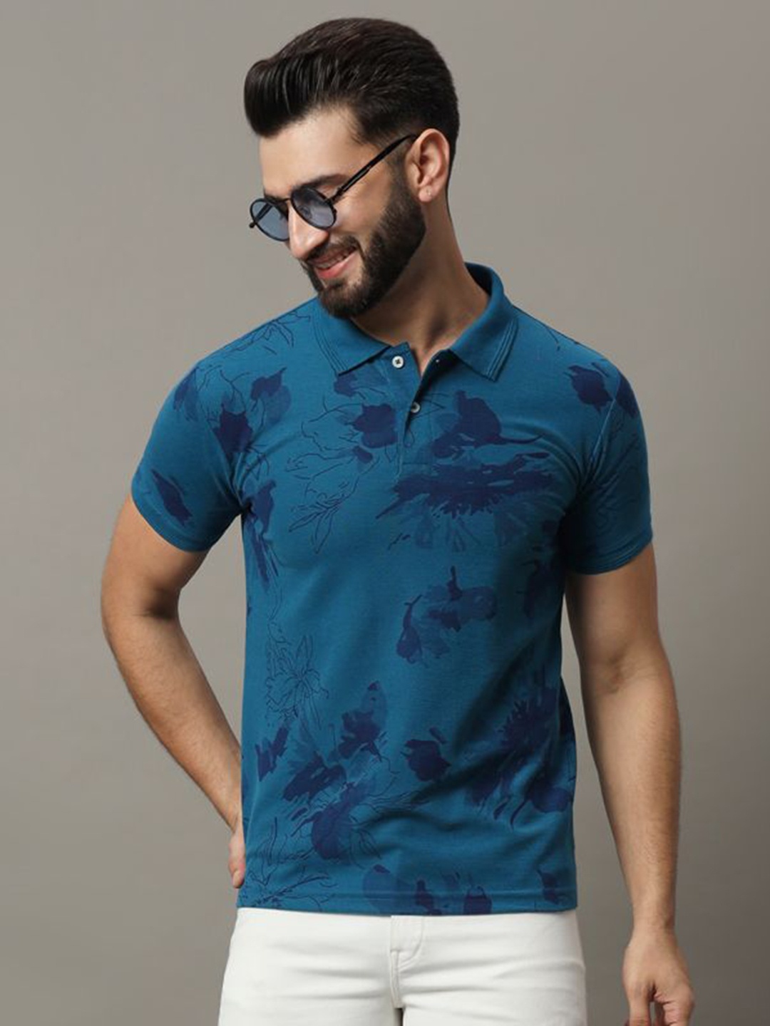 

R.ARHAN PREMIUM Men Floral Printed Polo Collar Cotton T-shirt, Teal
