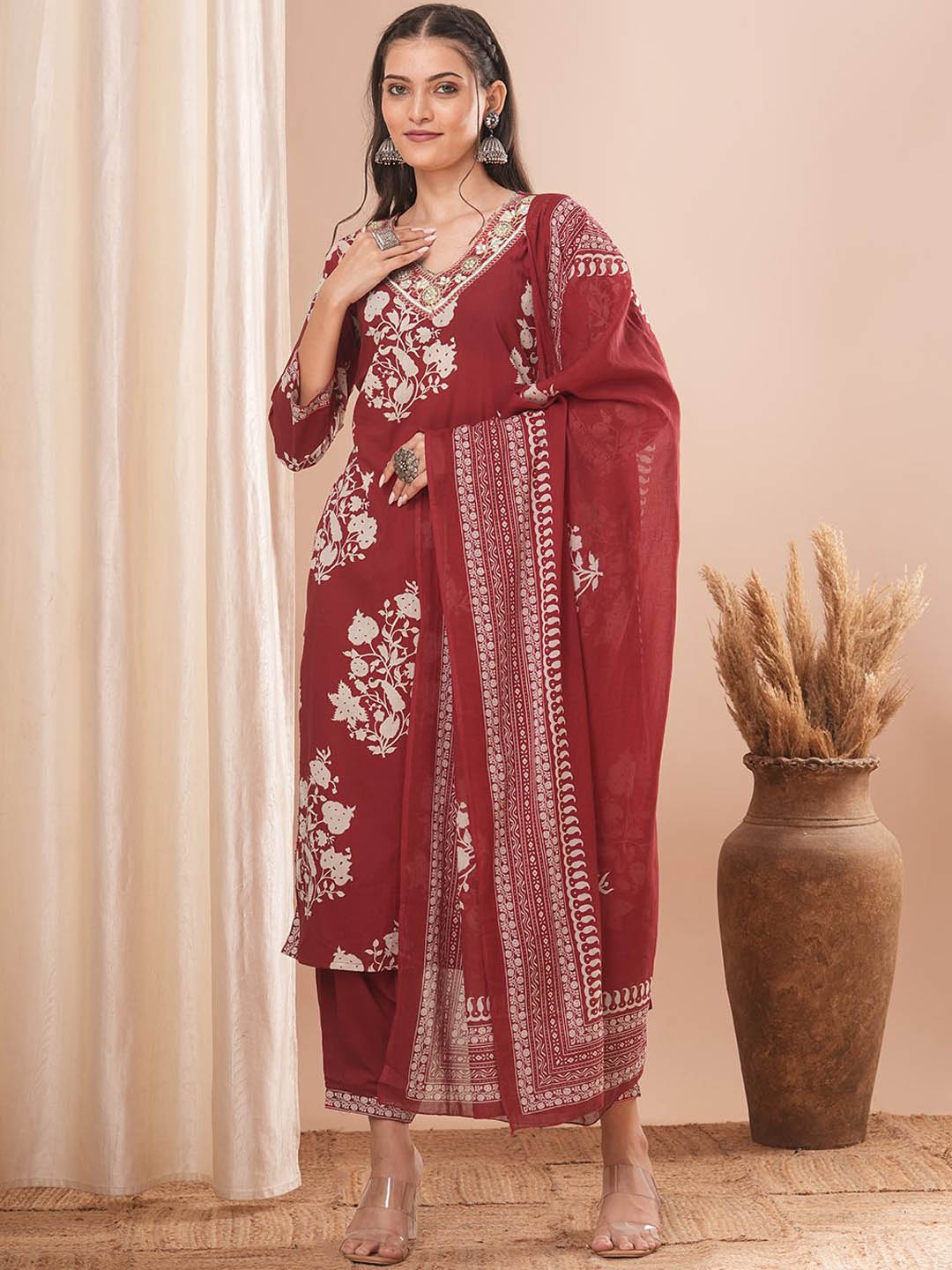 

FASHOR Floral Printed V-Neck Cotton Straight Kurta With Palazzos & Dupatta, Red
