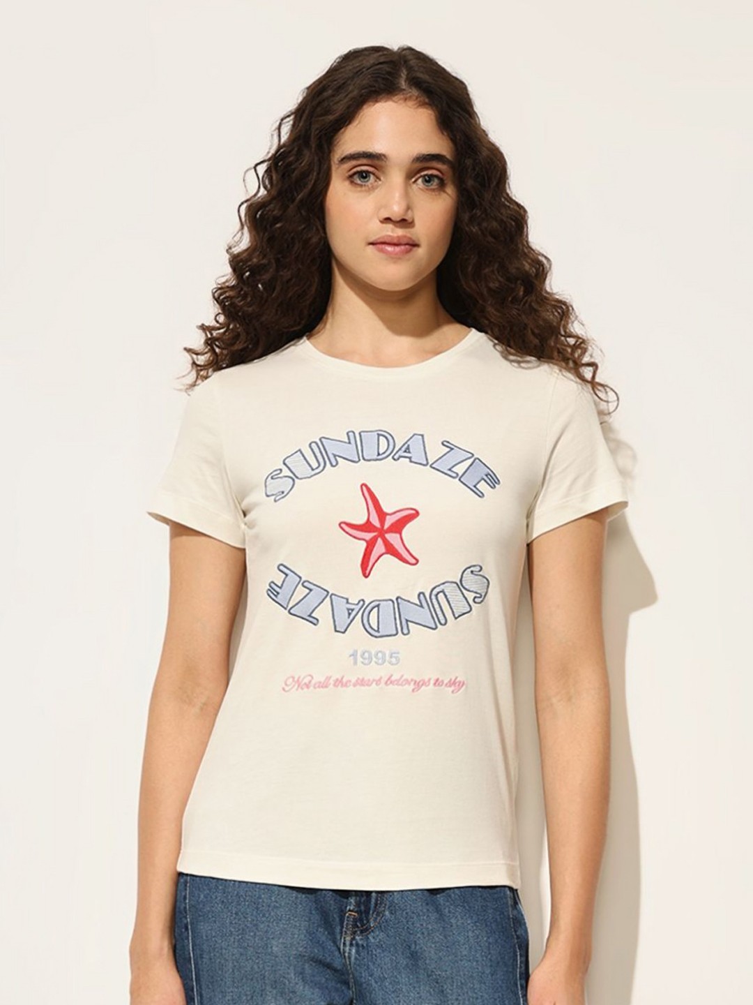 

ONLY Women Typography Printed Round Neck Cotton T-shirt, White