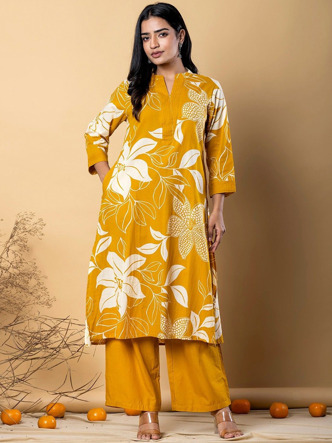 

Readiprint Floral Printed Mandarin Collar Pure Cotton A-Line Kurta With Palazzos, Mustard