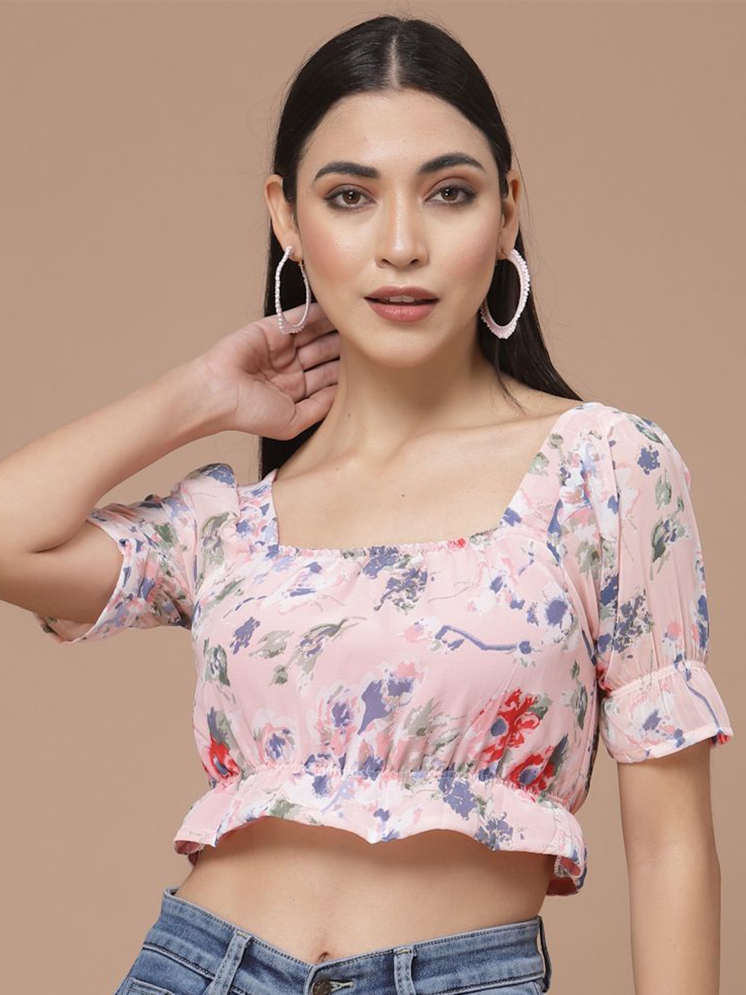 

DressBerry Floral Print Bell Sleeve Cinched Waist Crop Top, Pink