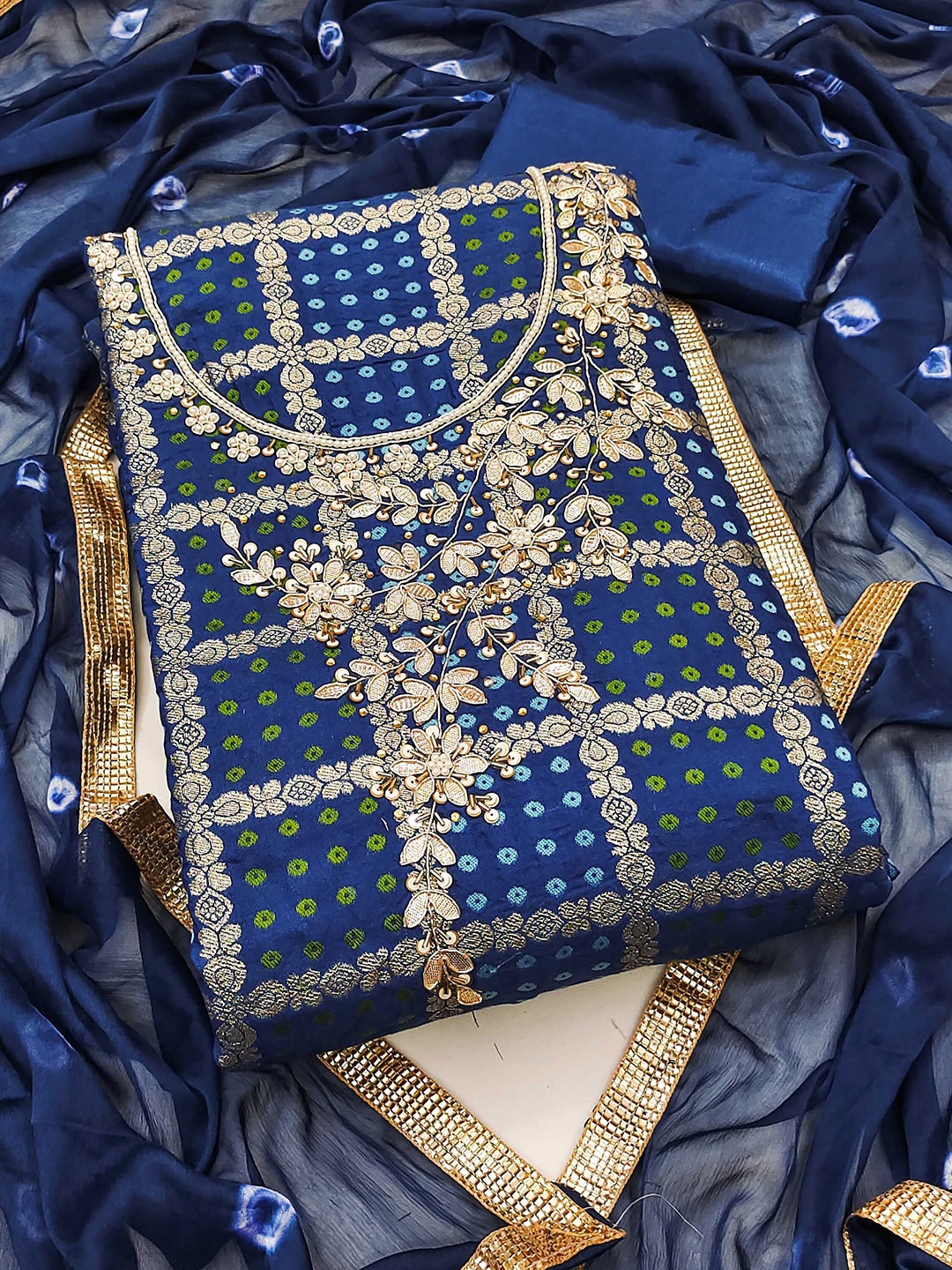

SAINOOR Floral Embellished Zari Work Semi-Stitched Banarasi Dress Material, Blue