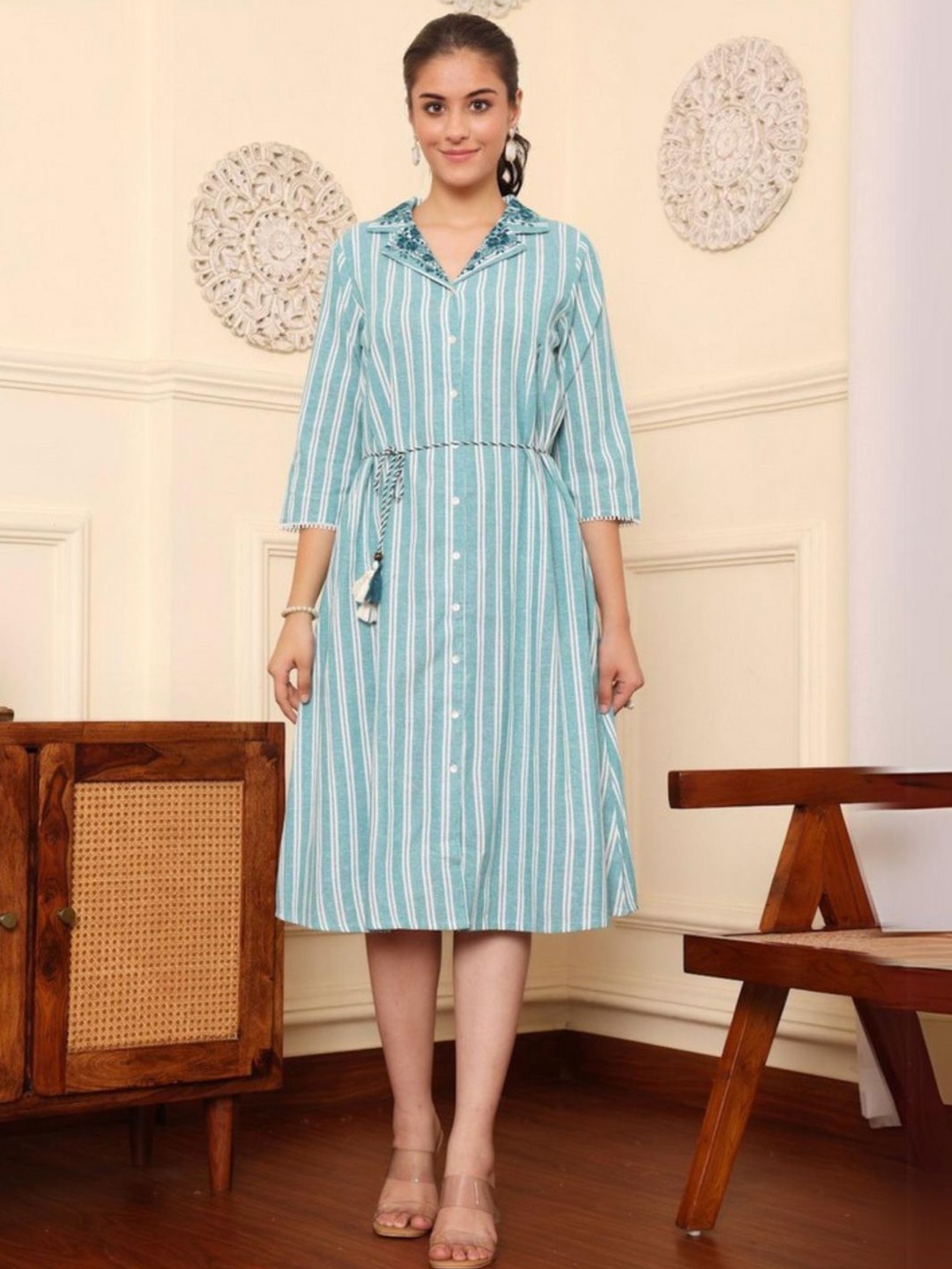 

ANUSHEET Striped Denim Shirt Midi Dress, Green