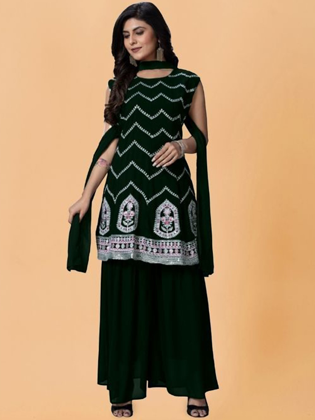 

PARROT CREATION Chevron Embroidered Georgette A-Line Kurti With Sharara And Dupatta, Black