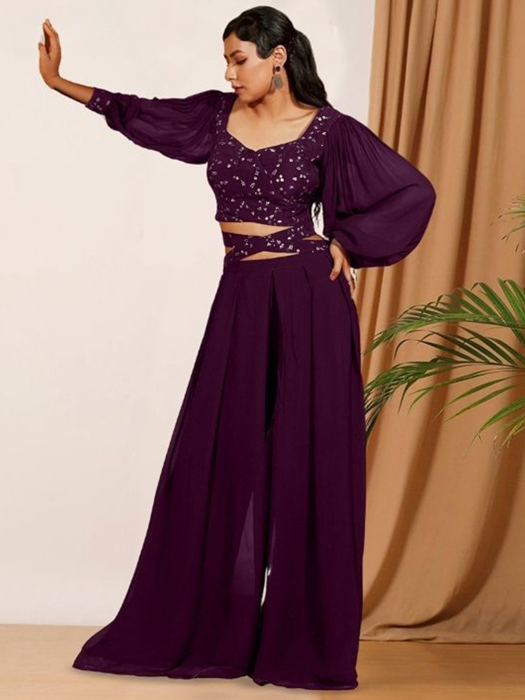 

PARROT CREATION Gopi Embroidered Sweetheart Neck Georgette Crop Top With Palazzos, Purple