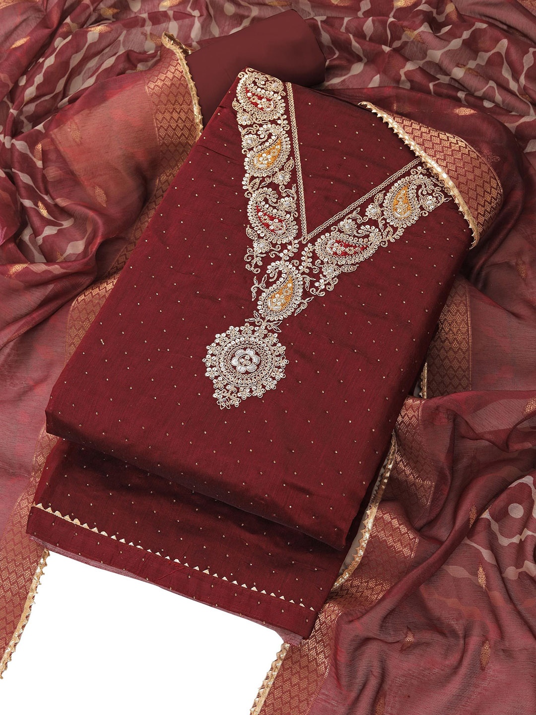 

Riti Paisley Sequence Embroidered Unstitched Dress Material, Maroon