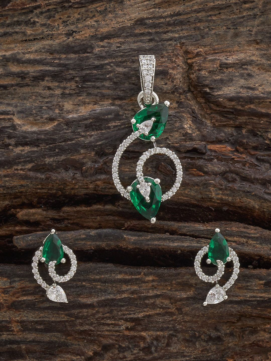 

Kushal's Fashion Jewellery Green Rhodium-Plated Party Zircon Pendant Set, Silver