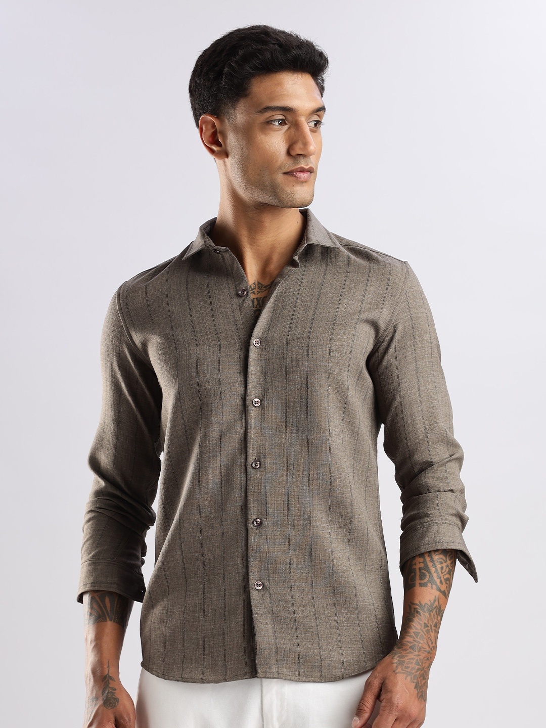 

NEVER NEUD Men Air Like Linen Stripes Regular Slim Fit Casual Shirt, Brown