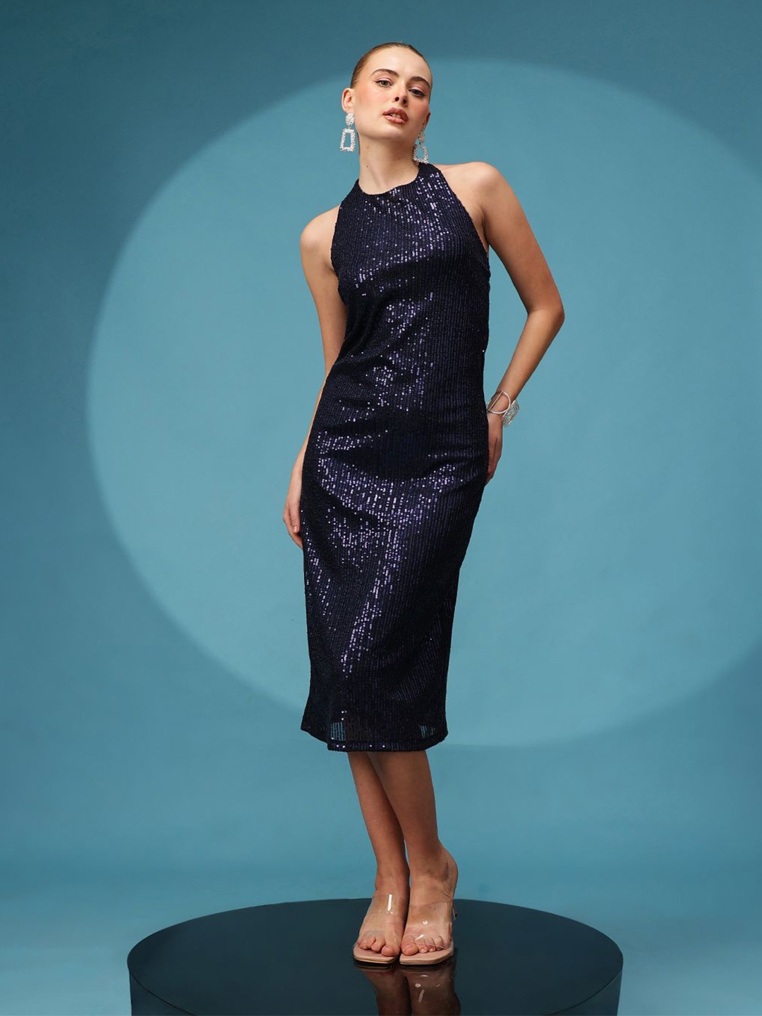 

The Roadster Lifestyle Co Women Embellished Halter neck Midi Dress, Blue