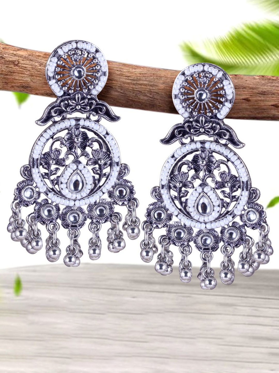 

DIVASTRI Silver-Plated Pearl Beaded Circular Shaped Oxidised Chandbalis