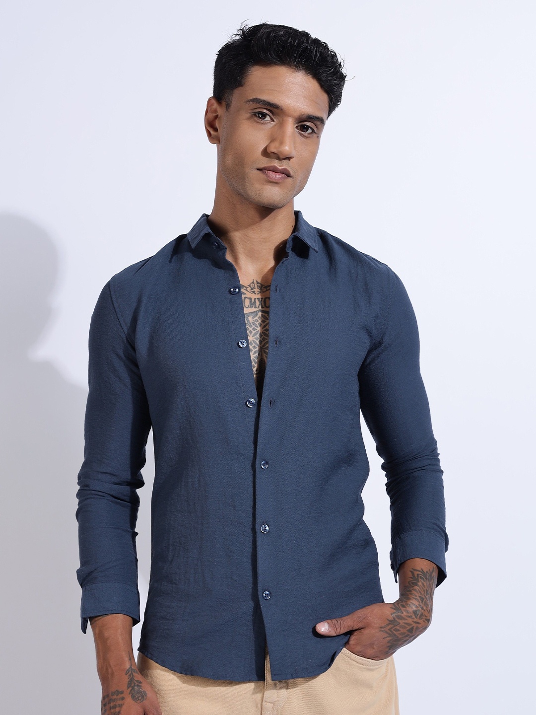 

NEVER NEUD Men Lucas Look Linen Regular Slim Fit Casual Shirt, Blue