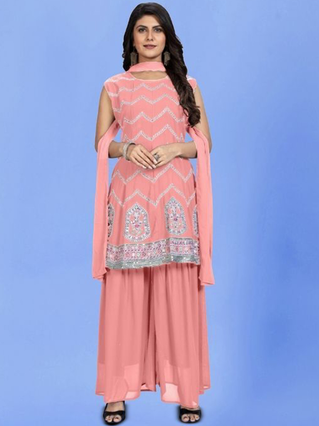 

PARROT CREATION Floral Embroidered Sequinned Georgette Kurti With Sharara And Dupatta, Pink