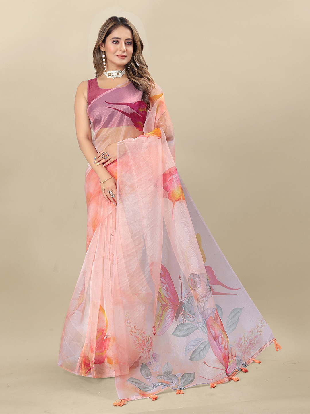 

DIVASTRI Floral Organza Saree, Peach