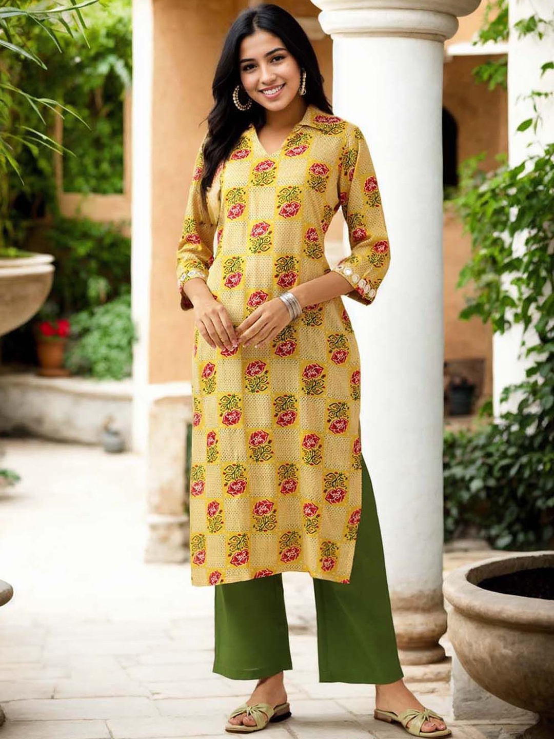 

Anouk Floral Printed Shirt Collar Mirror Work Straight Kurta With Trouser, Yellow