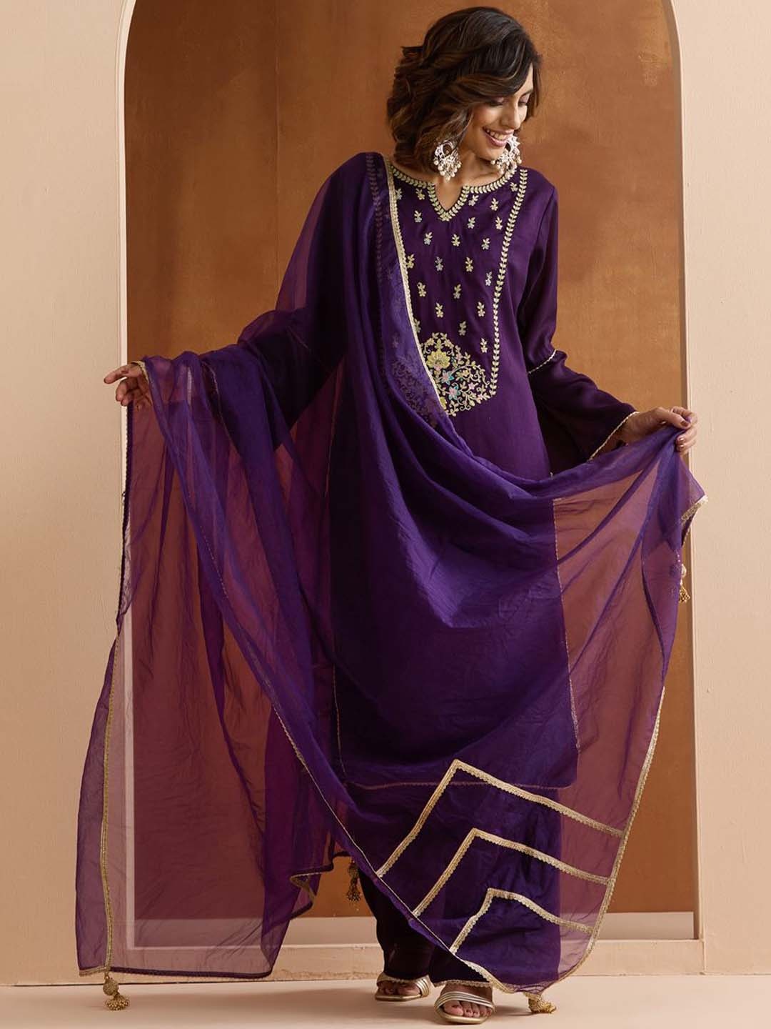 

Ishin Floral Embroidered Yoke Design Notch Neck Kurta With Palazzos And Dupatta, Purple