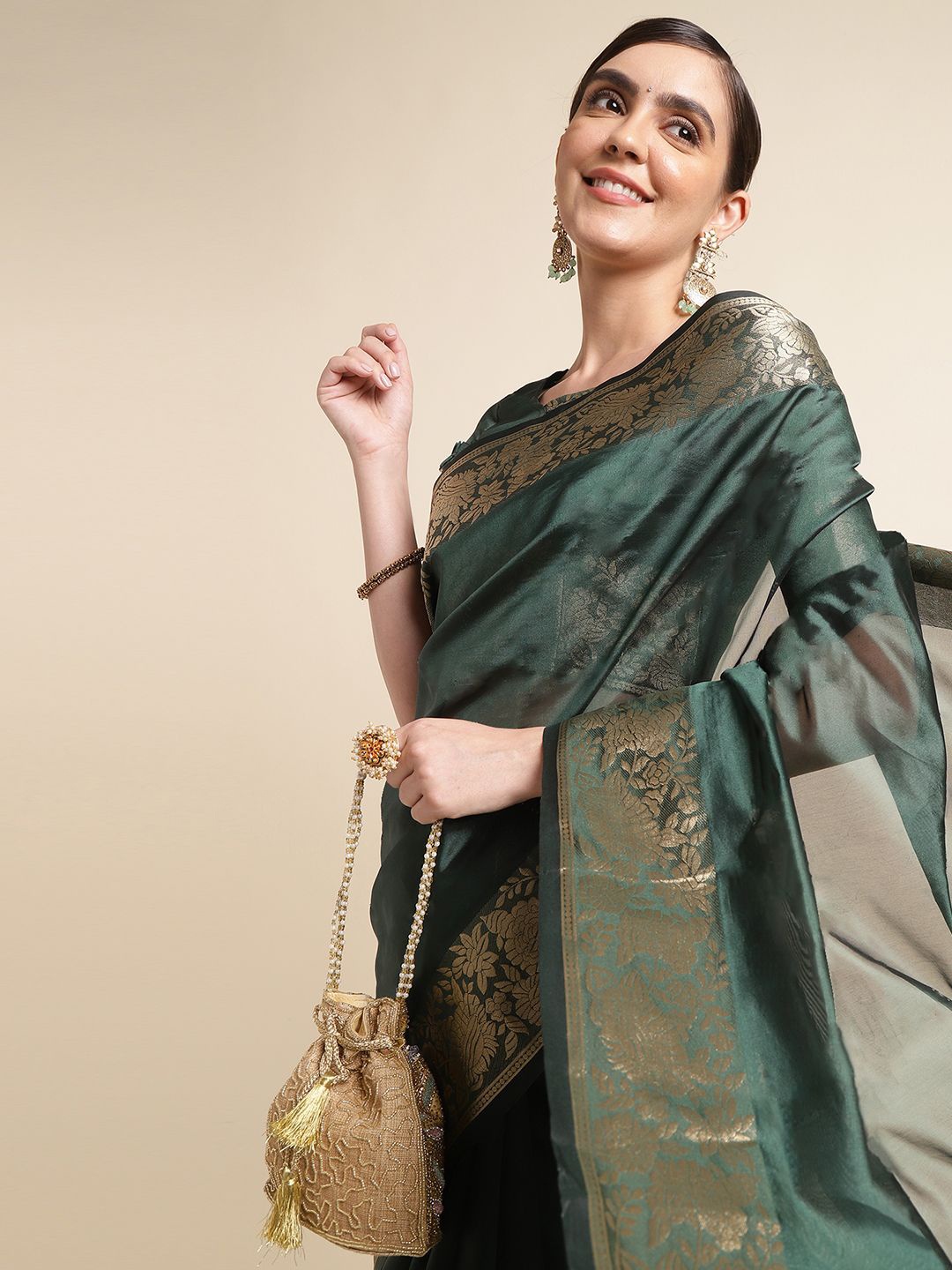 

DIVASTRI Woven Design Zardozi Organza Banarasi Saree, Green