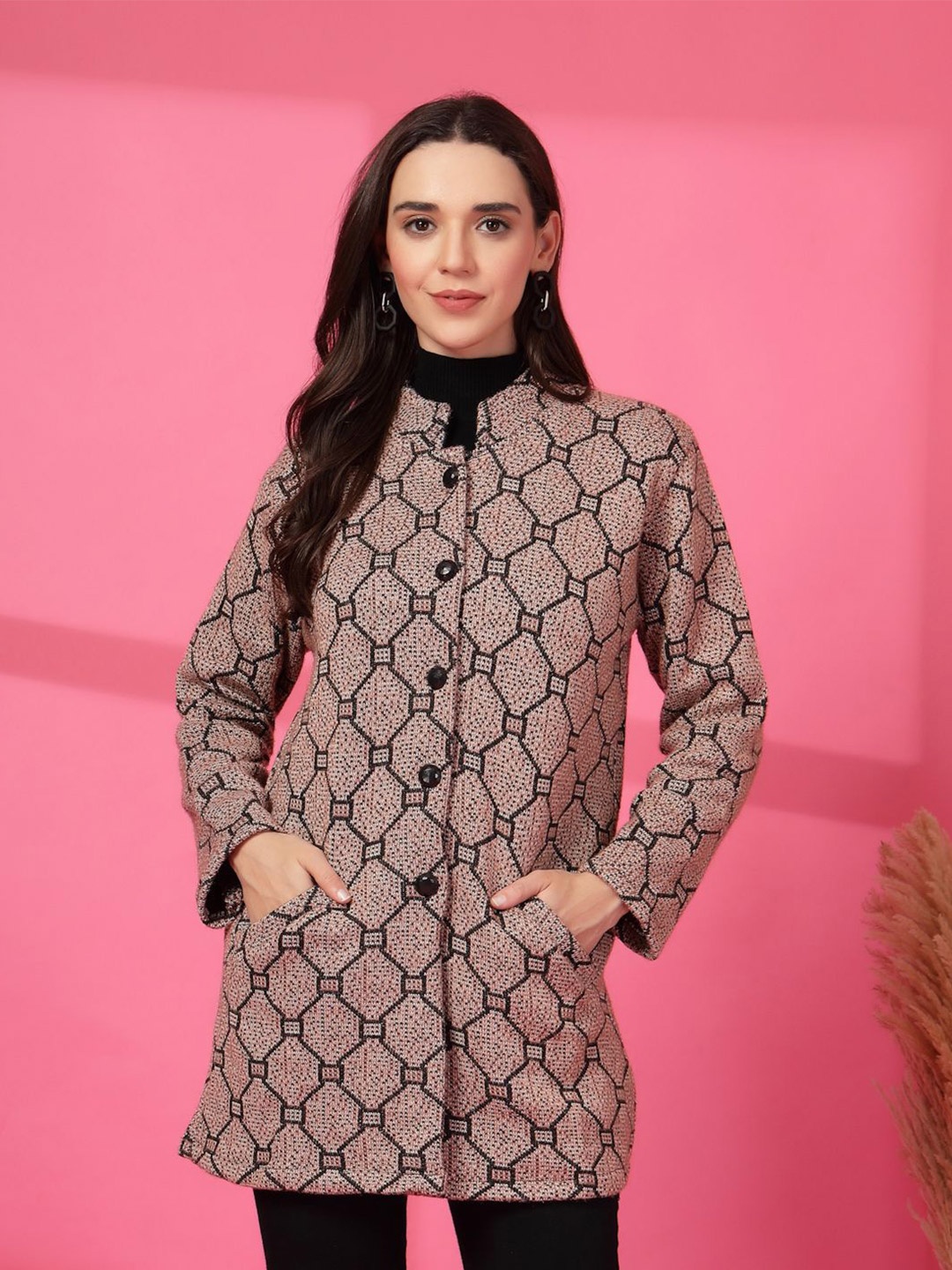 

Moda Rapido Geometric Checked Mandarin Collar Woollen Longline Top, Peach
