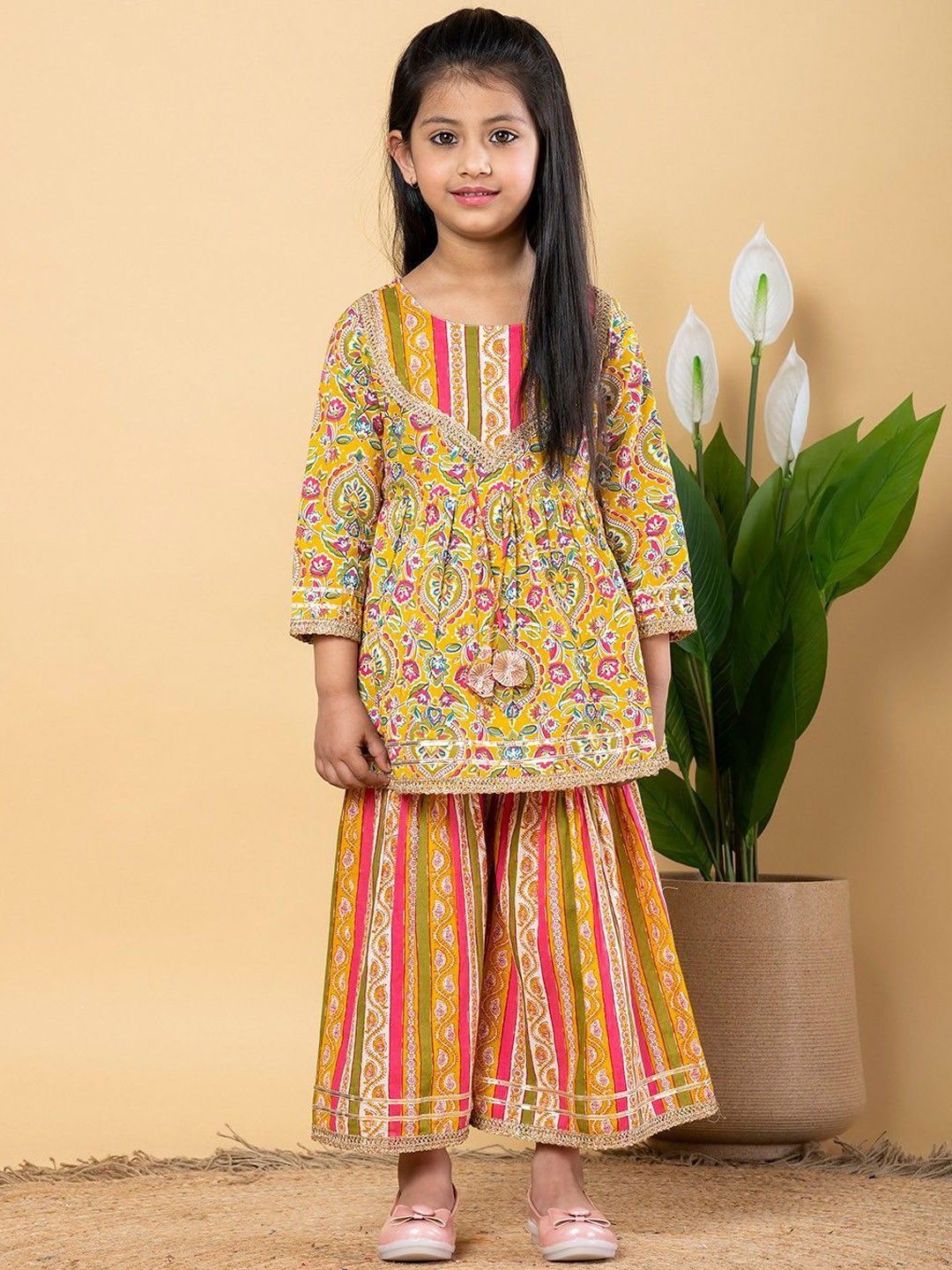 

Readiprint Girls Floral Printed Gotta Patti Pure Cotton Kurti with Sharara, Yellow