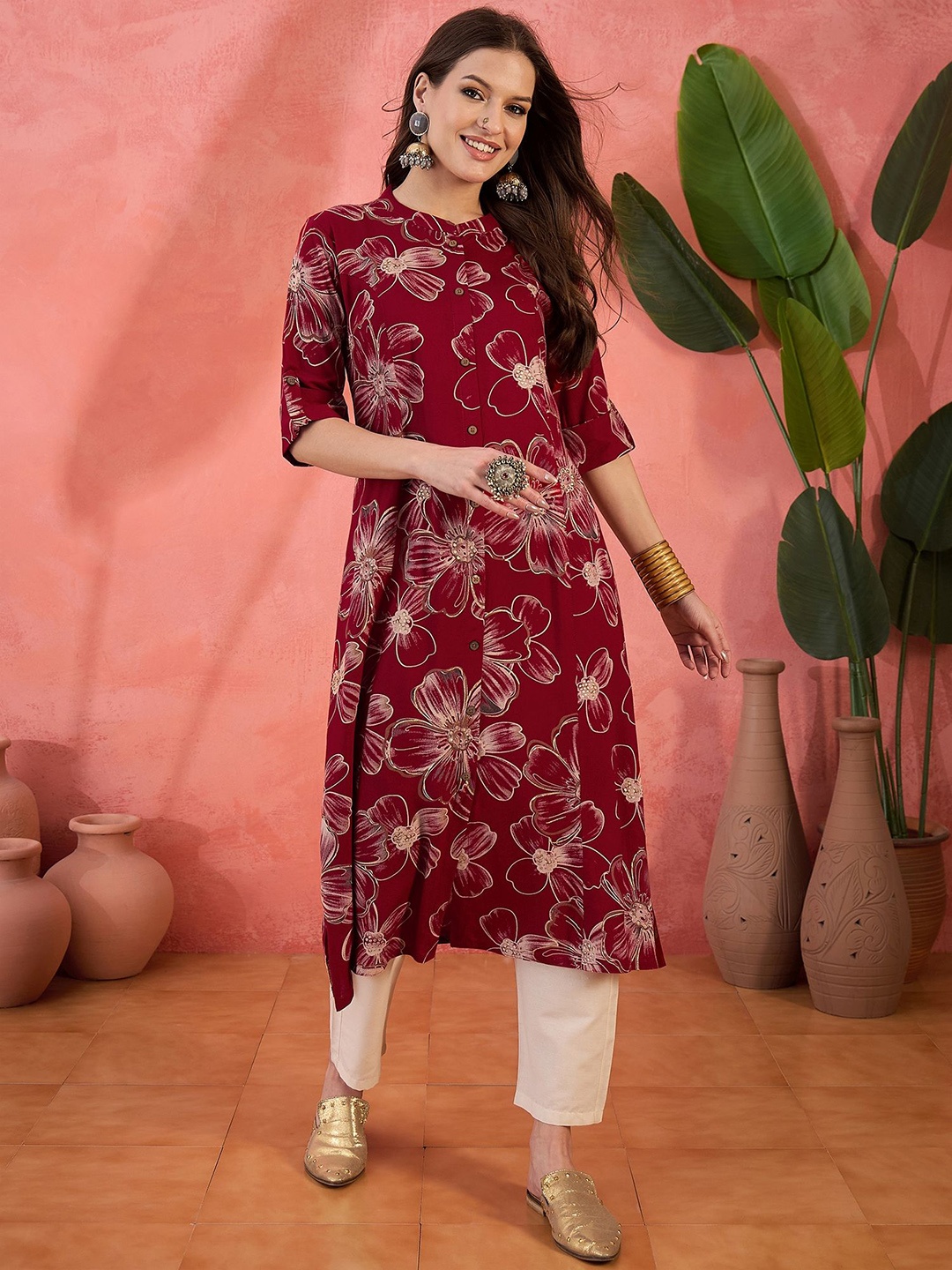 

Sangria Floral Printed High Slit Mandarin Collar Pure Cotton A-Line Kurta, Maroon