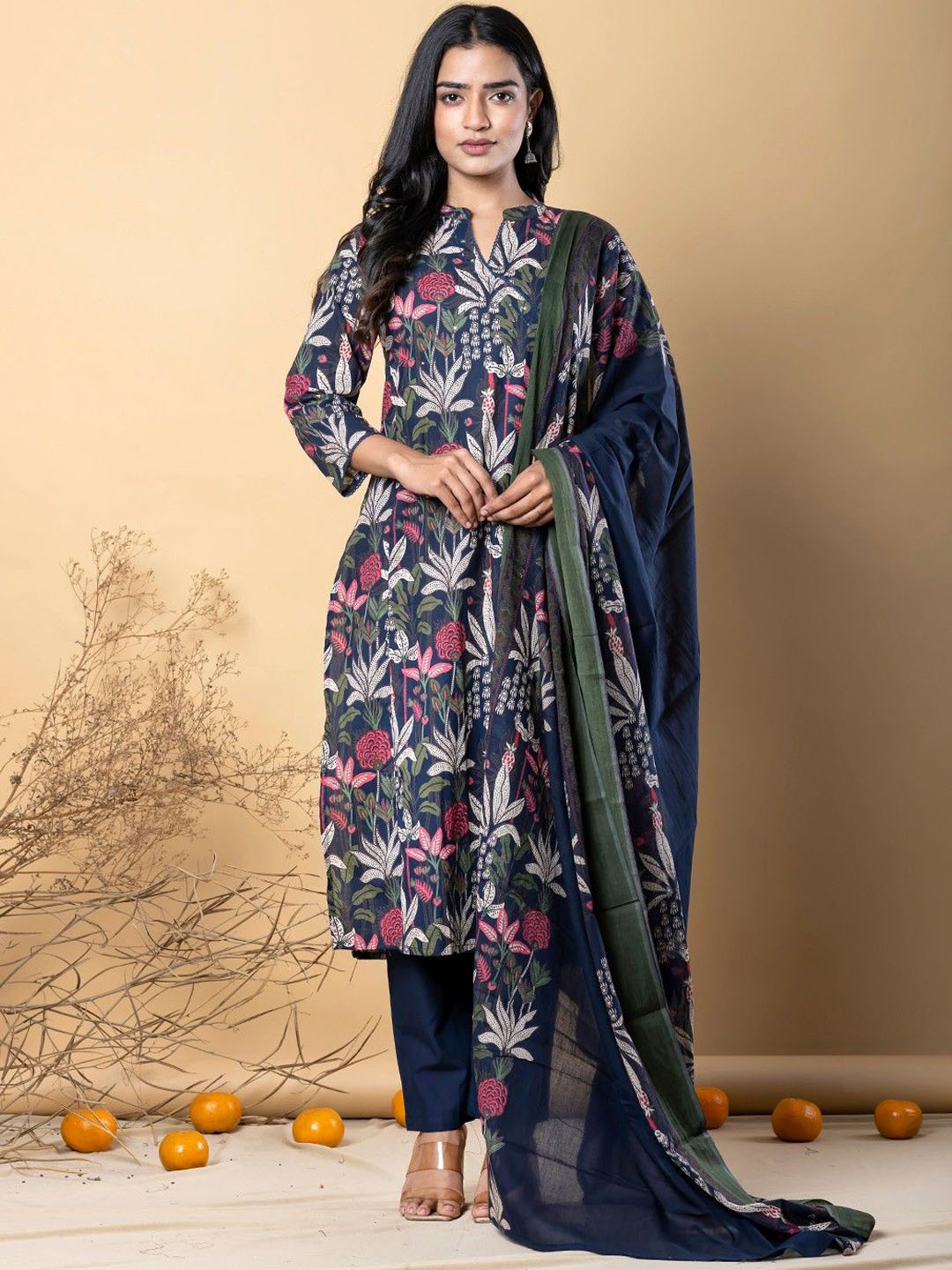 

Readiprint Floral Printed Angrakha Sequinned Straight Kurta with Trouser & Dupatta, Blue