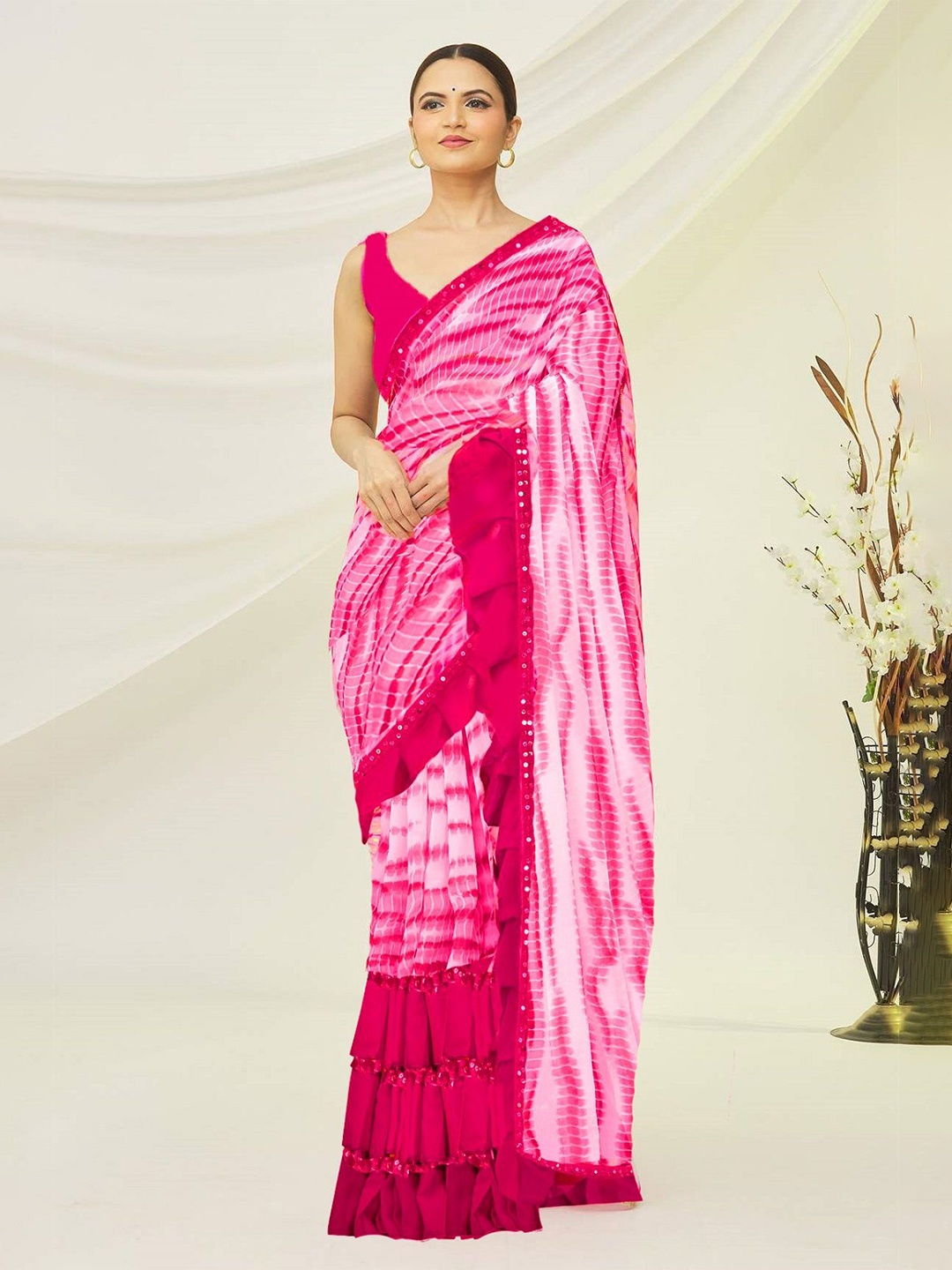 

Moda Rapido Tie & Dye Mirror worked Ruffled Border Georgette Leheriya Saree, Pink