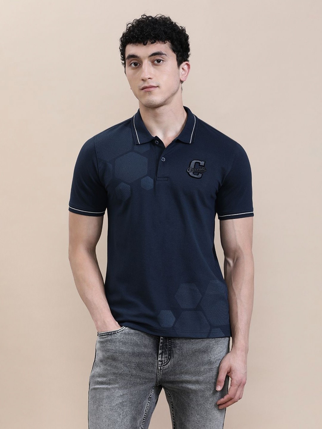 

Crocodile Men Chenille Embroidery Lycra Slim Fit Polo T-shirt, Navy blue
