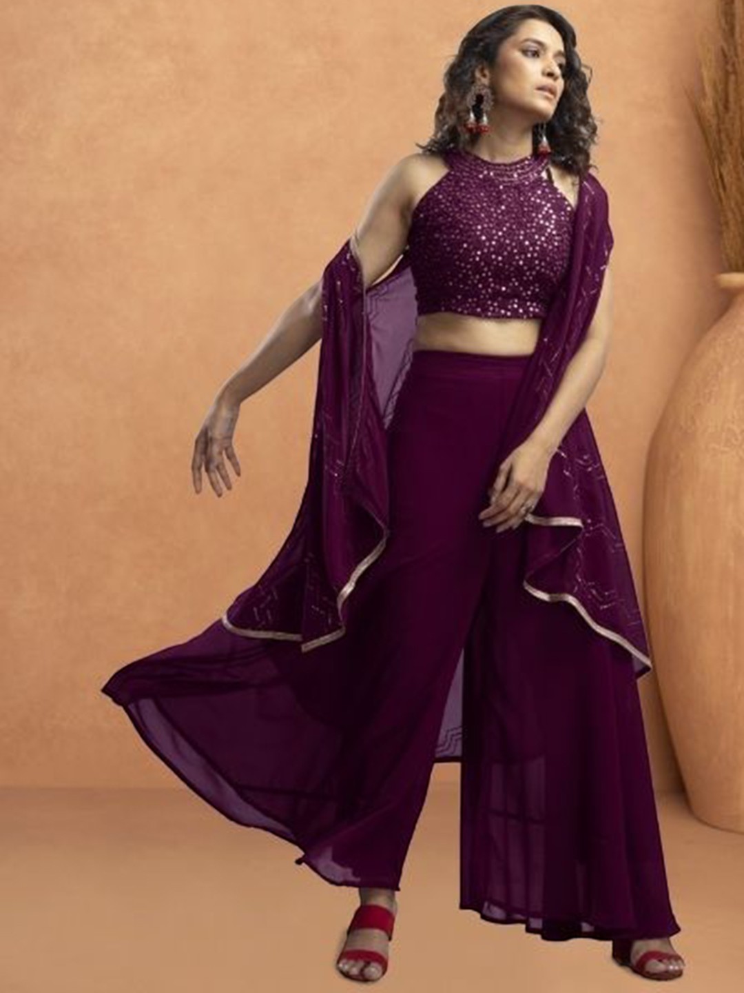 

PARROT CREATION Embroidered Halter Neck Sleeveless Crop Top With Palazzos And Shrug, Purple