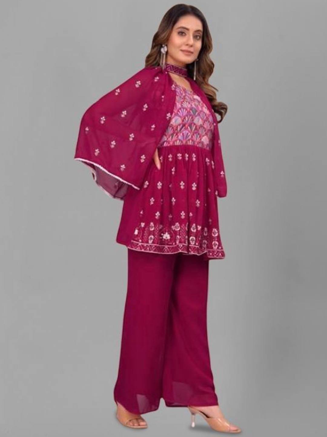 

PARROT CREATION Mirror Embroidered Sequinned Round Neck Kurti with Sharara & Dupatta, Pink