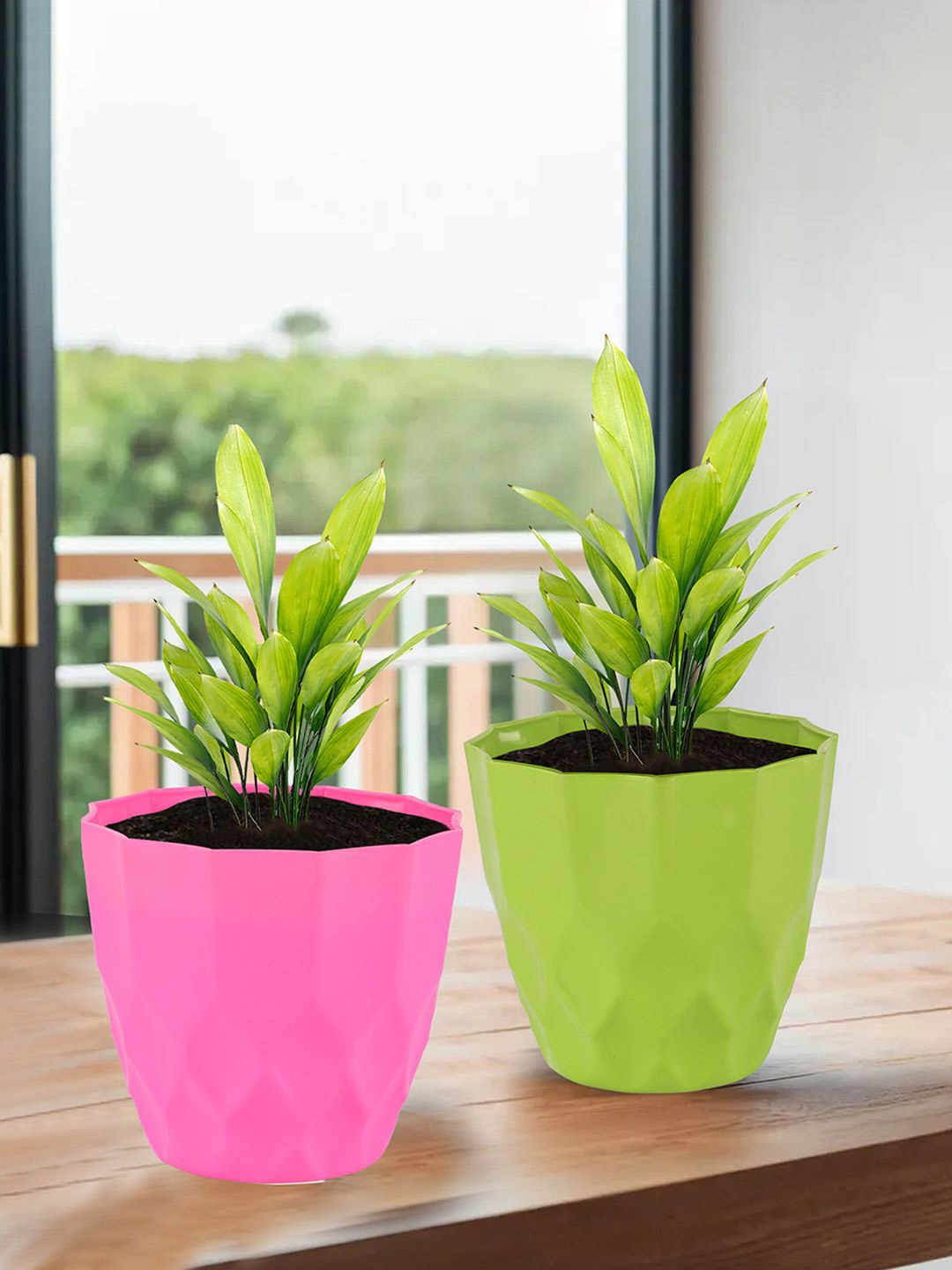 

Kuber Industries Pink & Green 2 Pieces Textured Durable Flower Pot Planters