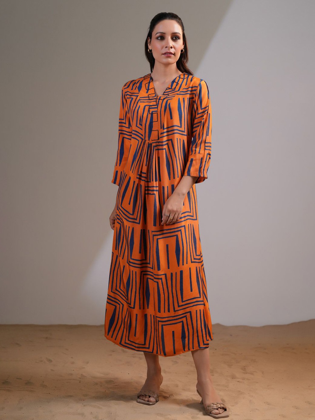

JISORA Women Women's Orange Printed Russian Silk Dress