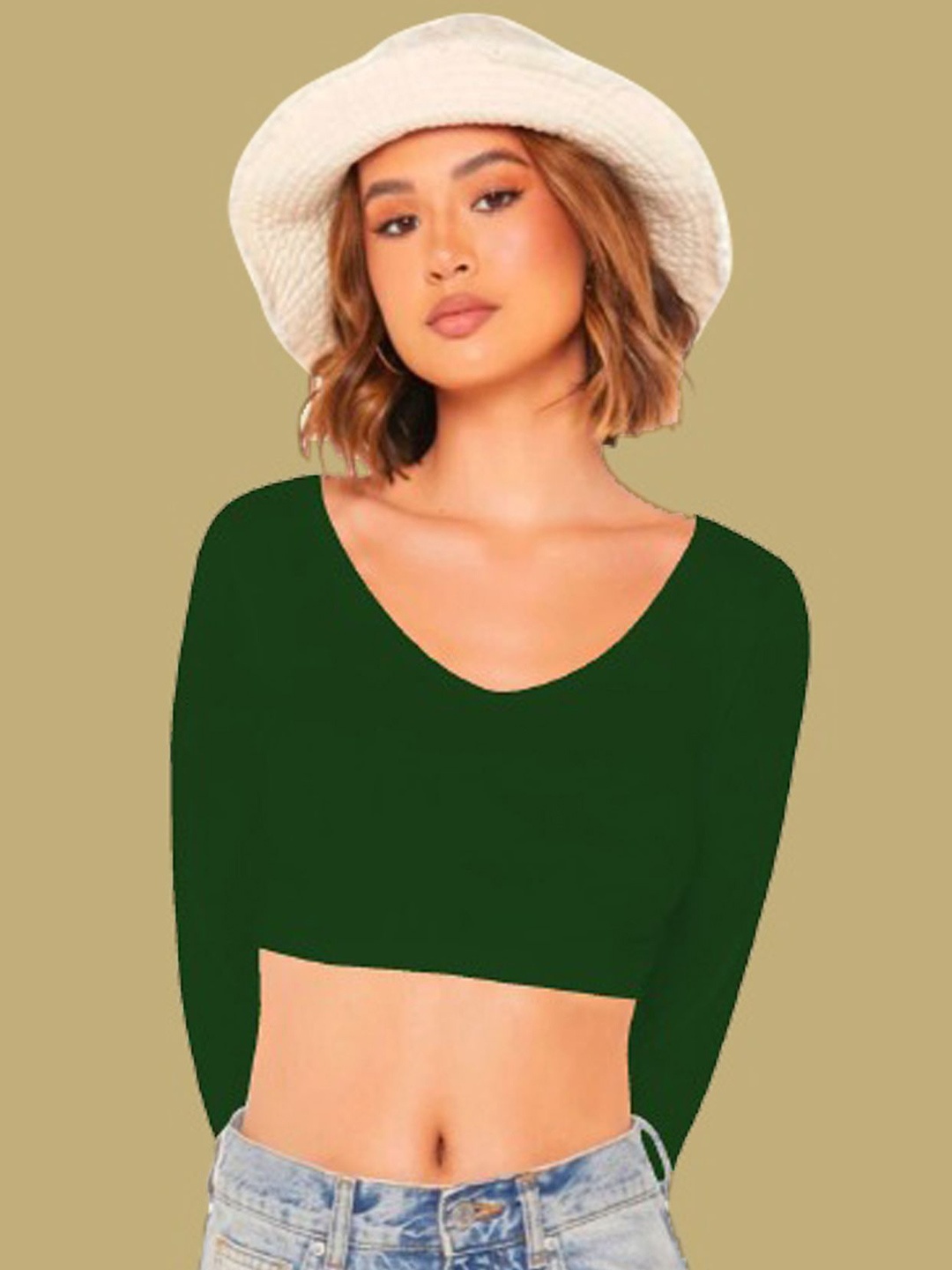 

Dream Beauty Fashion Women V Neck Long Sleeves Crop Top, Green