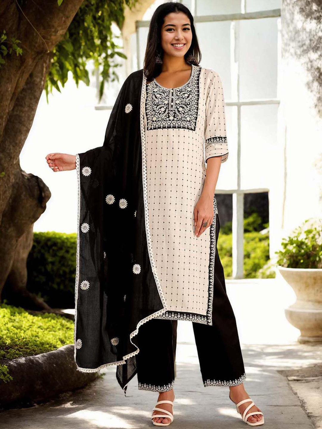 

Anouk Ethnic Motifs Woven Design Chanderi Silk Kurta With Trouser And Dupatta, White