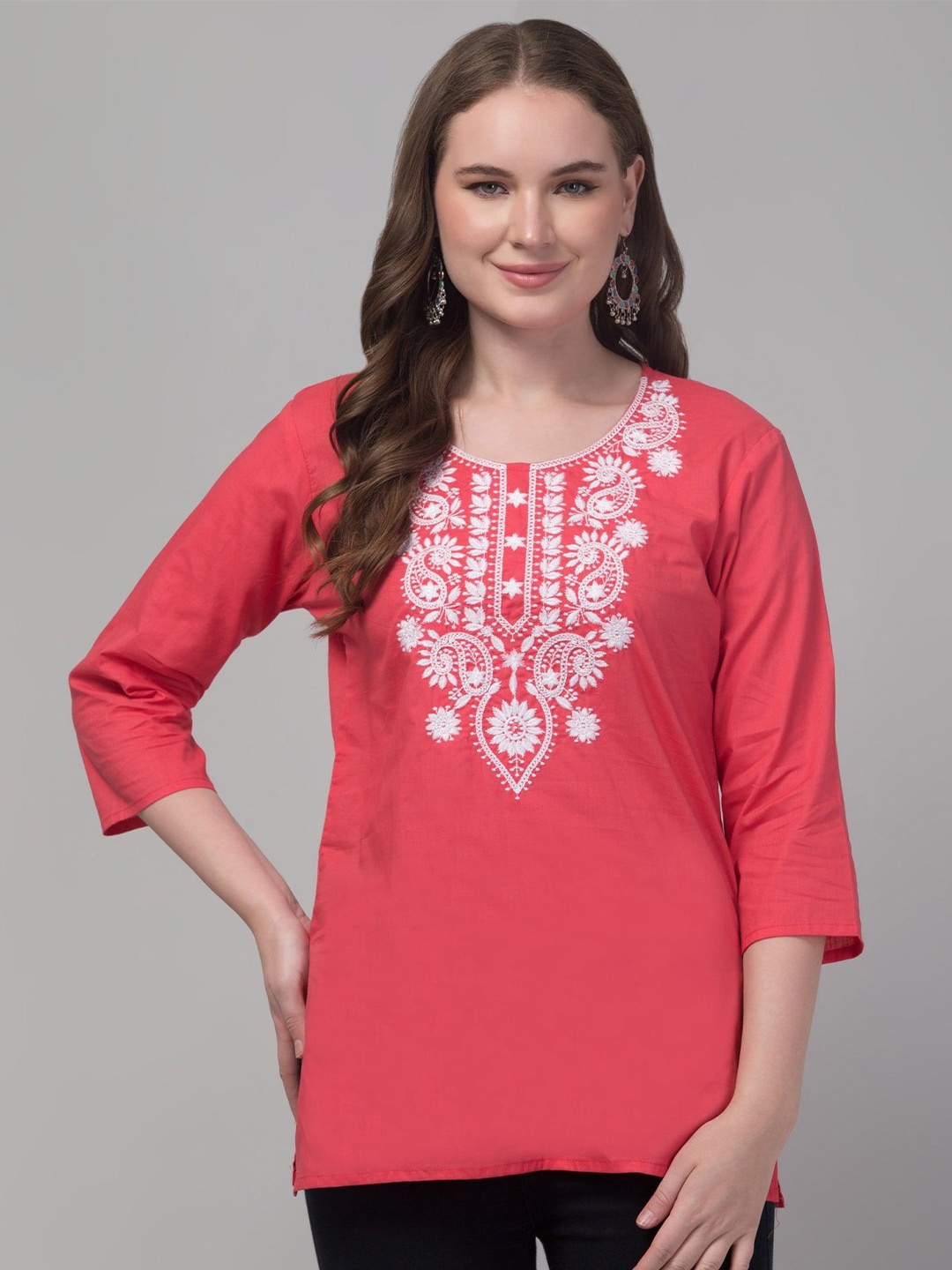 

FAMBEE Floral Embroidered Thread Work Pure Cotton Thread Work Kurti, Coral